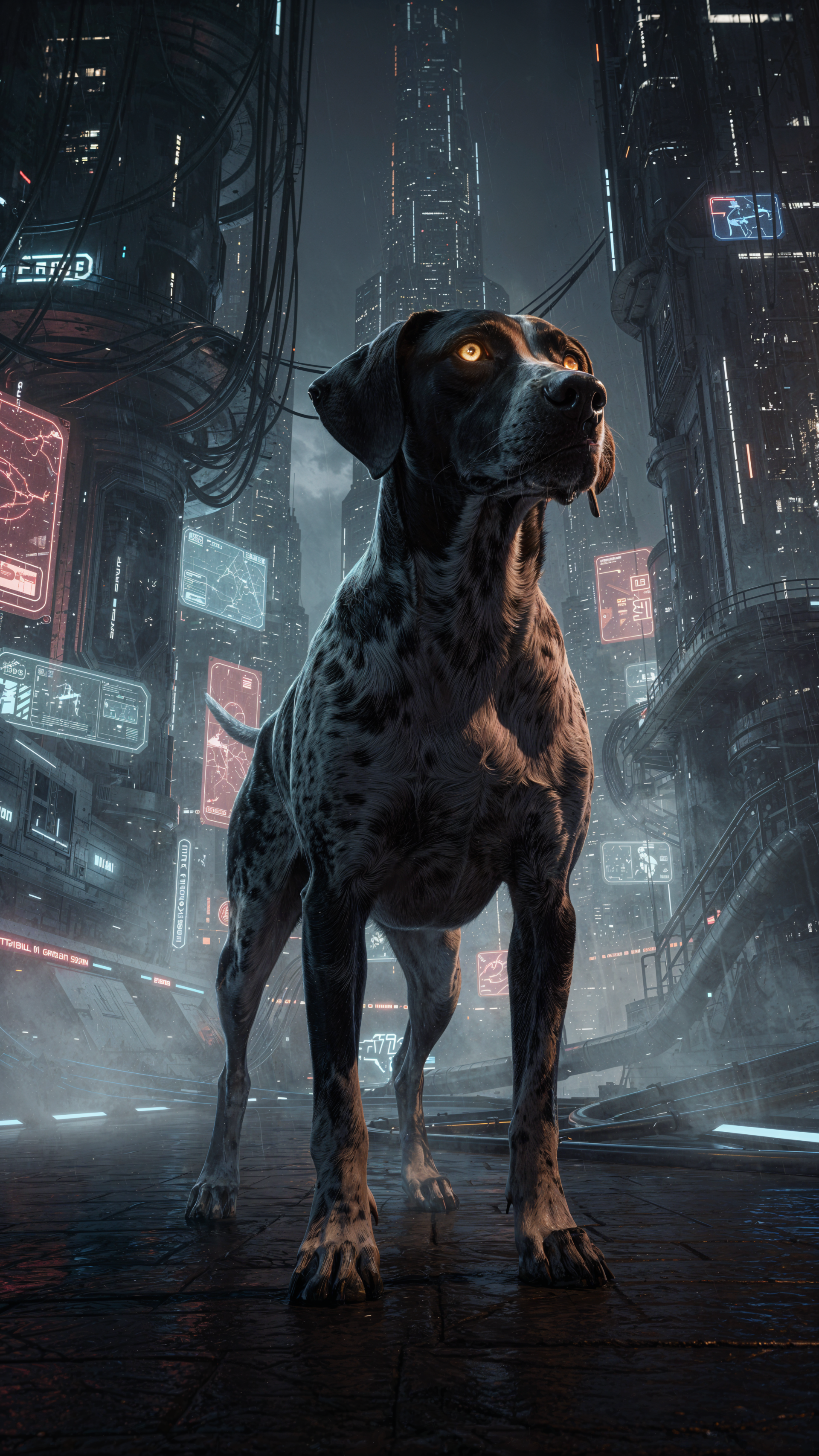 Phone wallpaper of a German Shorthaired Pointer with glowing amber eyes standing on a rain-slick, neon-lit cyberpunk city street.