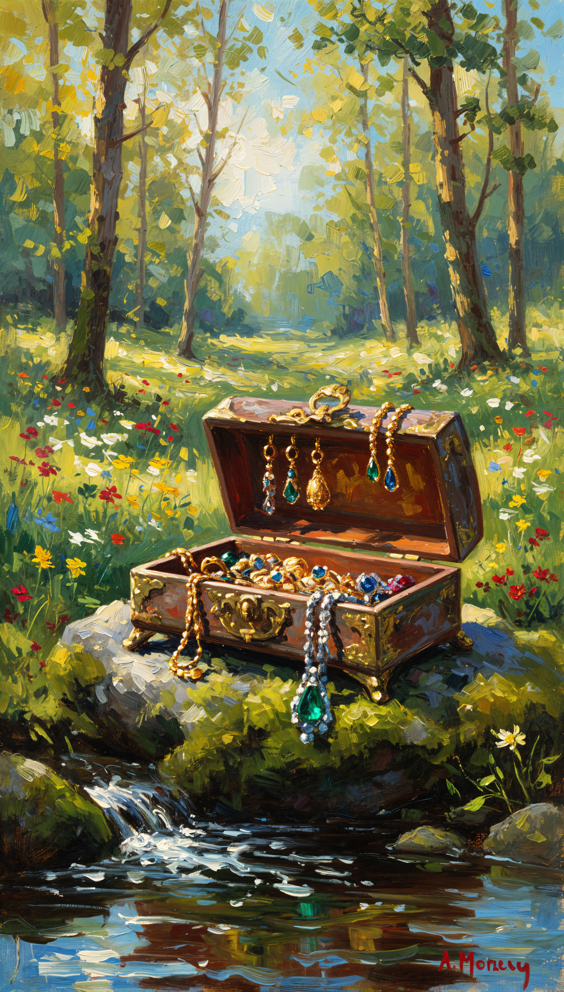 Phone wallpaper: ornate open jewelry box spilling colorful gems and necklaces on a mossy rock beside a sunlit forest stream.