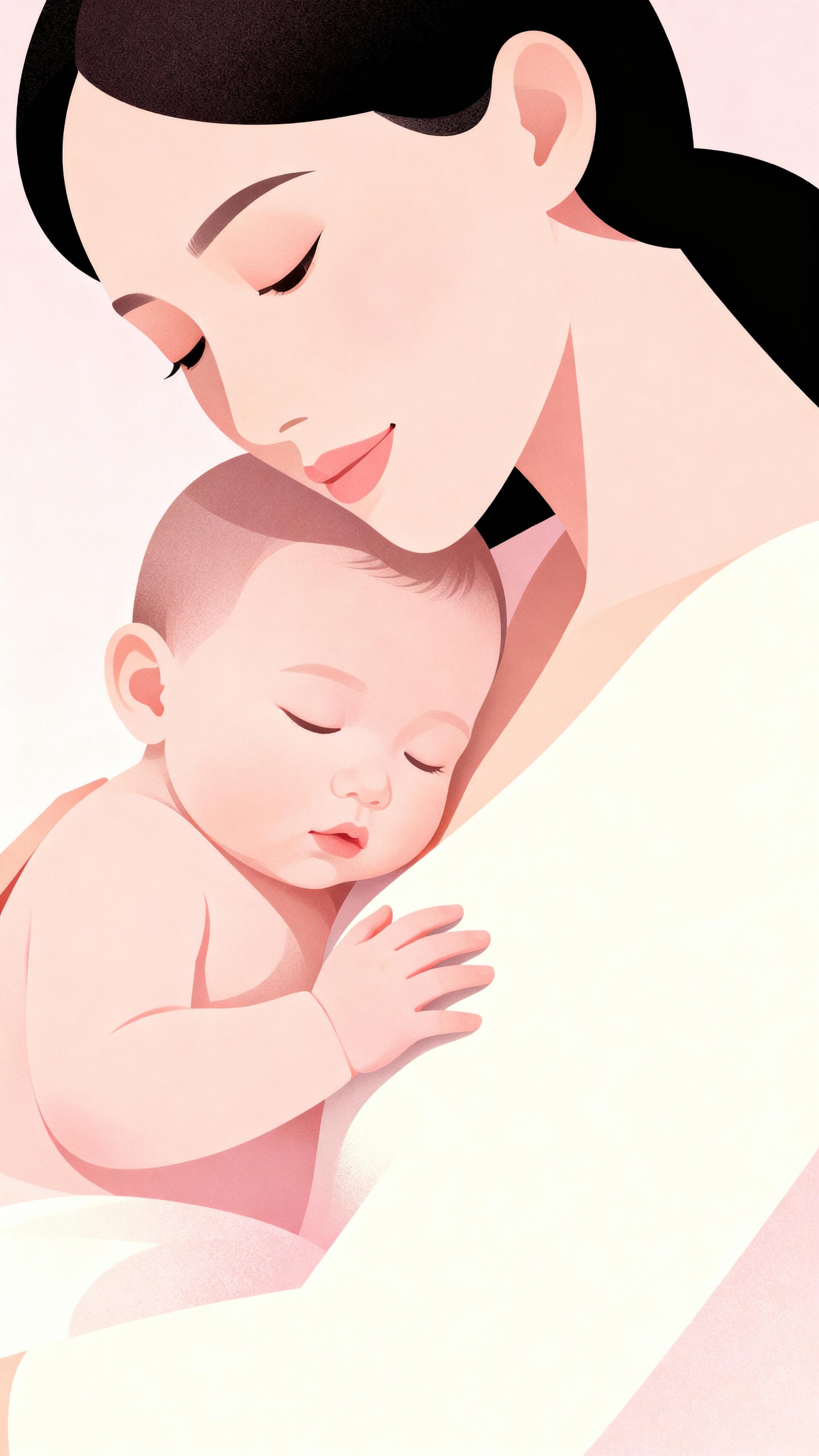 Phone wallpaper showing a tender mother cradling her sleeping baby against her chest in soft pastel tones.