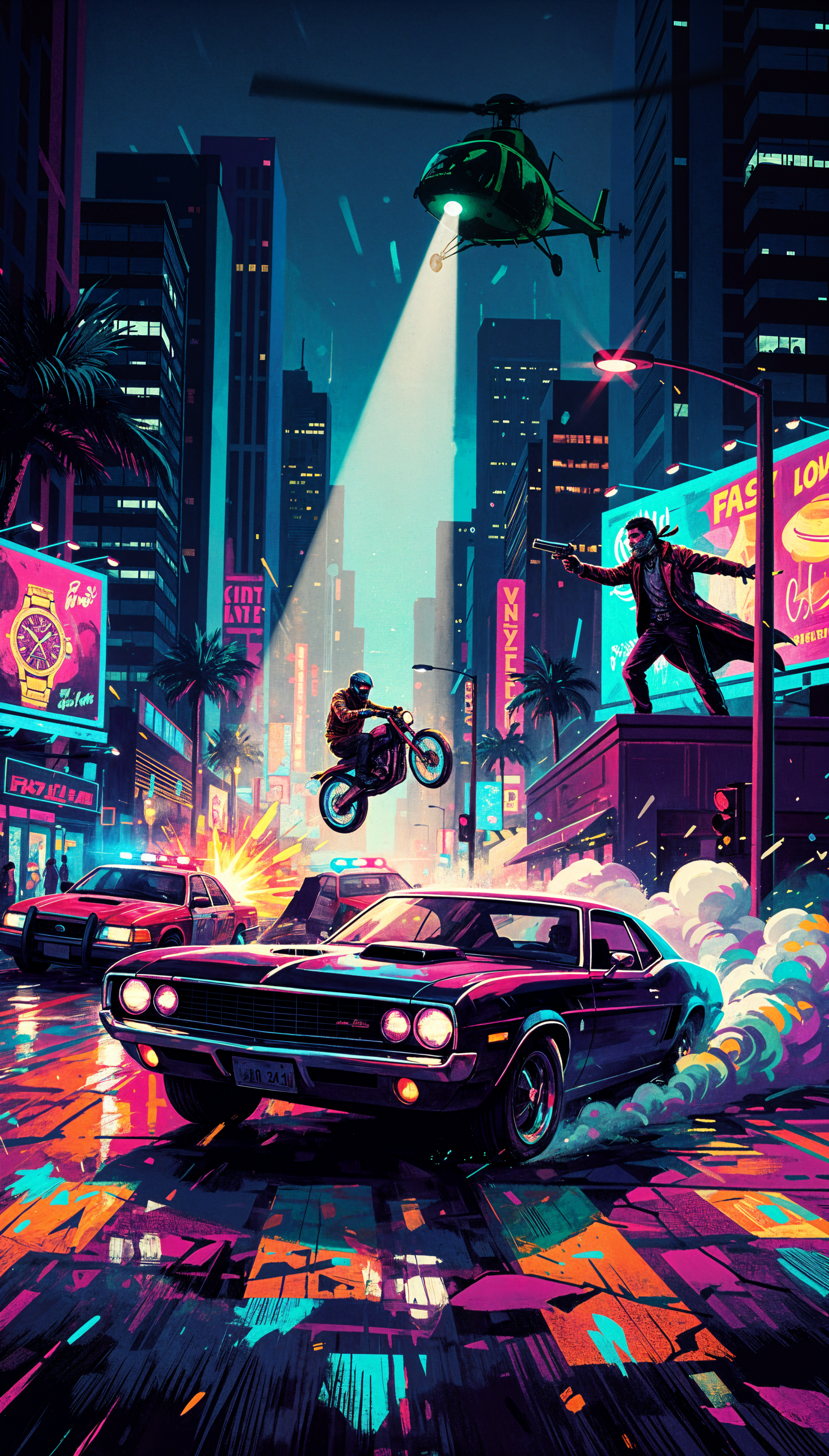 Phone wallpaper: neon cyberpunk night — muscle car burning rubber, motorcycle mid-jump, helicopter spotlight, rooftop gunman, explosions and neon reflections.