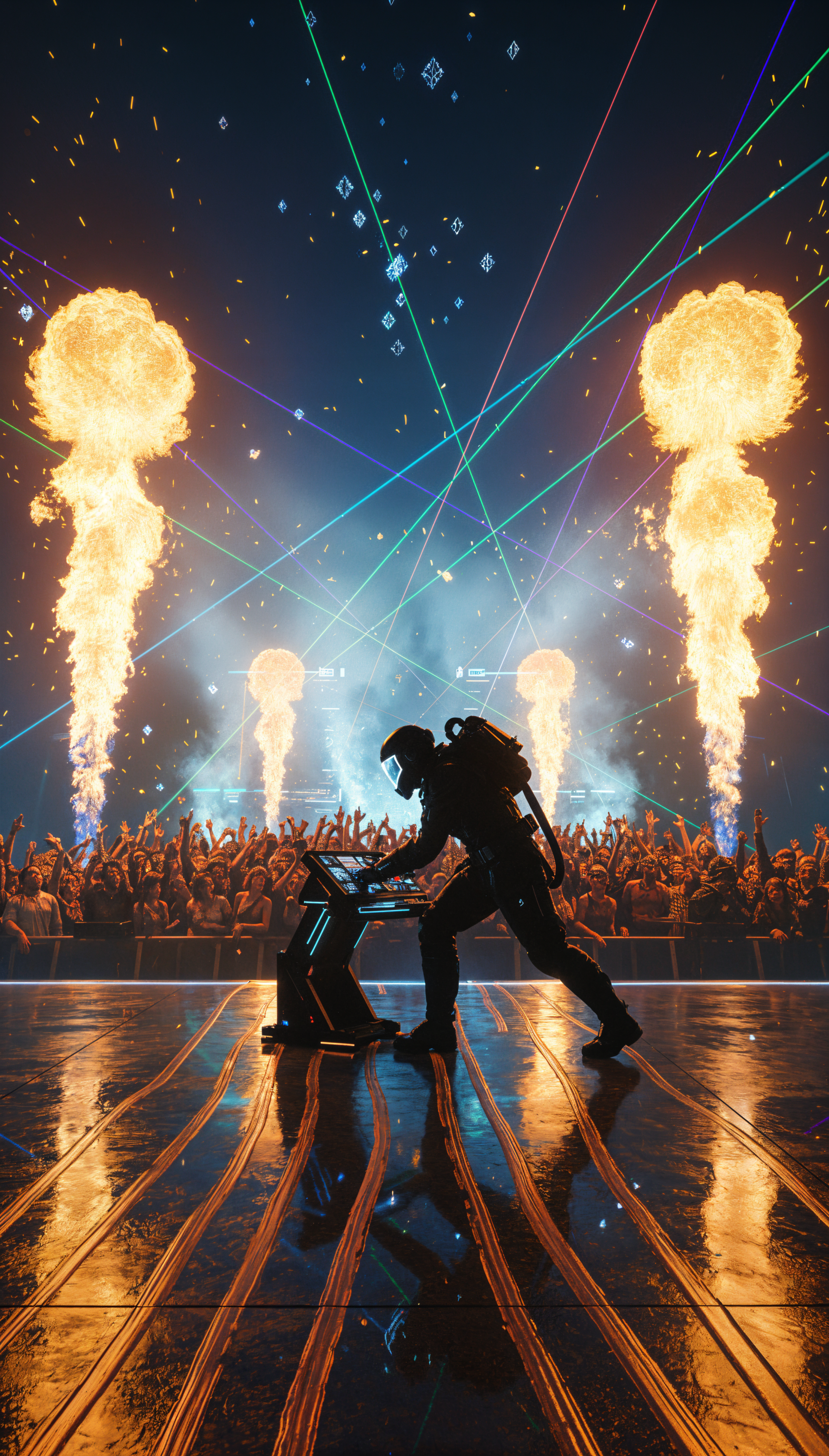 Phone wallpaper showing a silhouetted DJ at a glowing console with lasers, giant fire plumes, and a cheering crowd reflected on the glossy stage.
