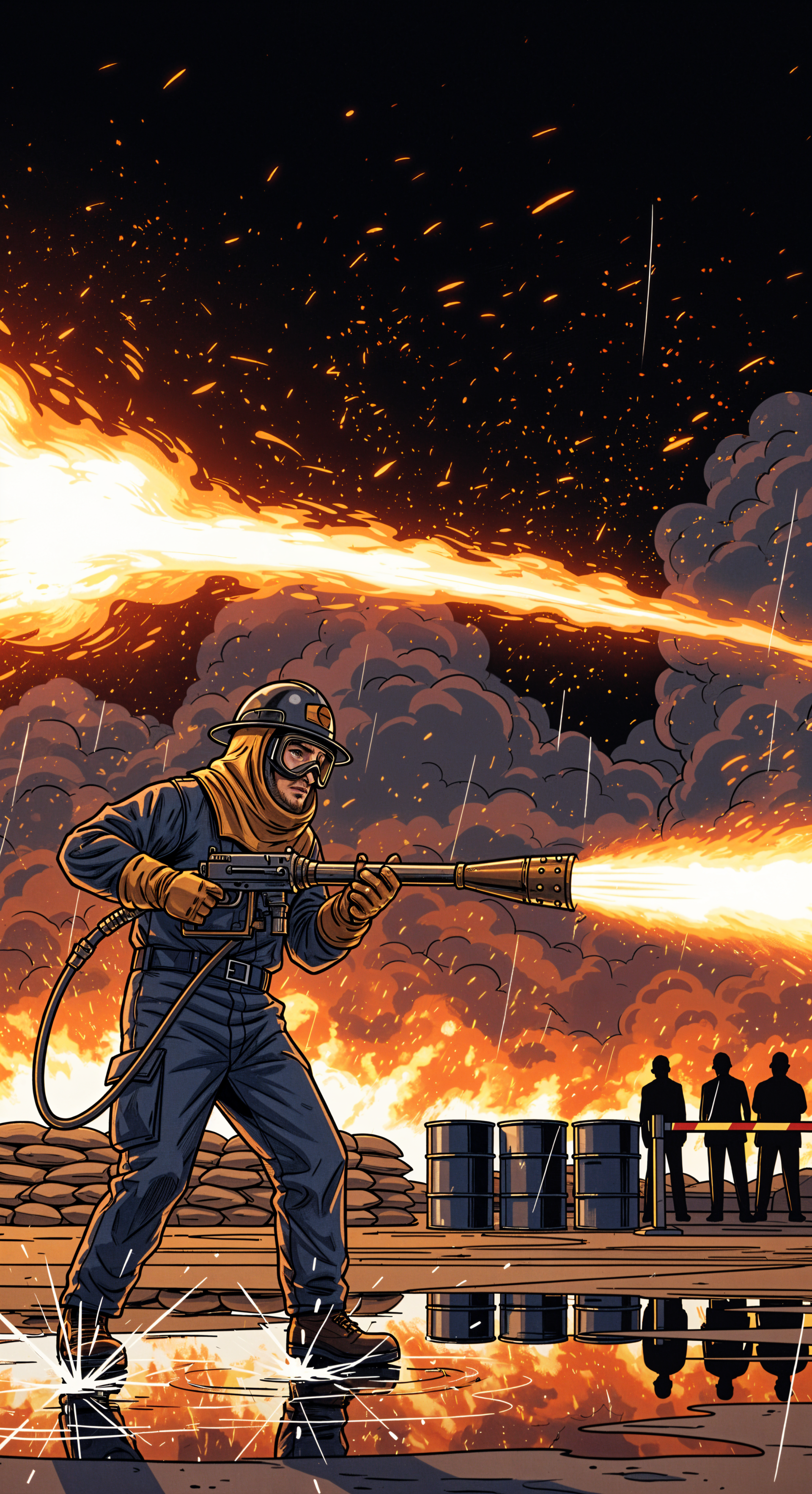 Phone wallpaper of a masked, protective-suited figure firing a flamethrower, spraying roaring flames across a smoky night with silhouetted onlookers and puddles reflecting the blaze.