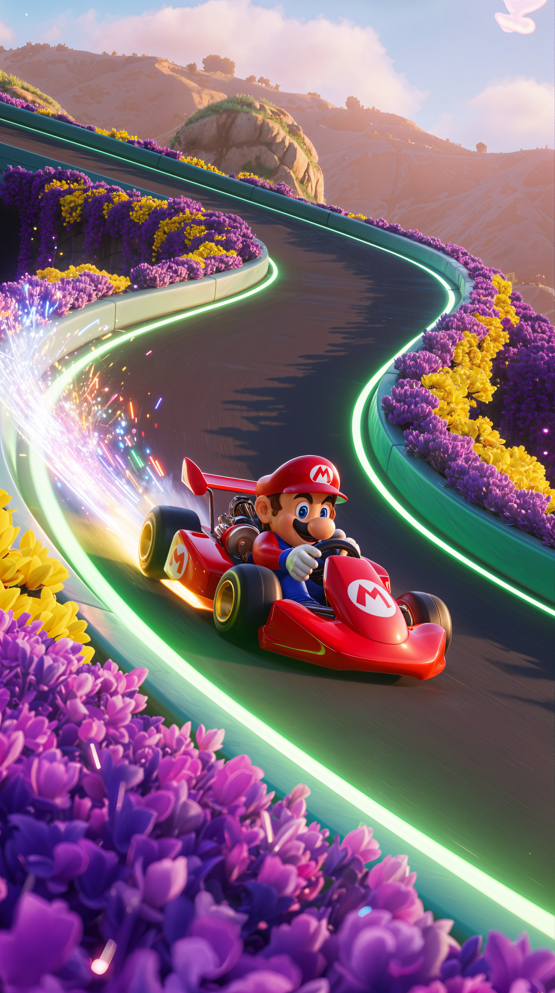 Mario Kart phone wallpaper: Mario races a red kart along a glowing, curving track lined with purple and yellow flowers beneath a pastel sky.