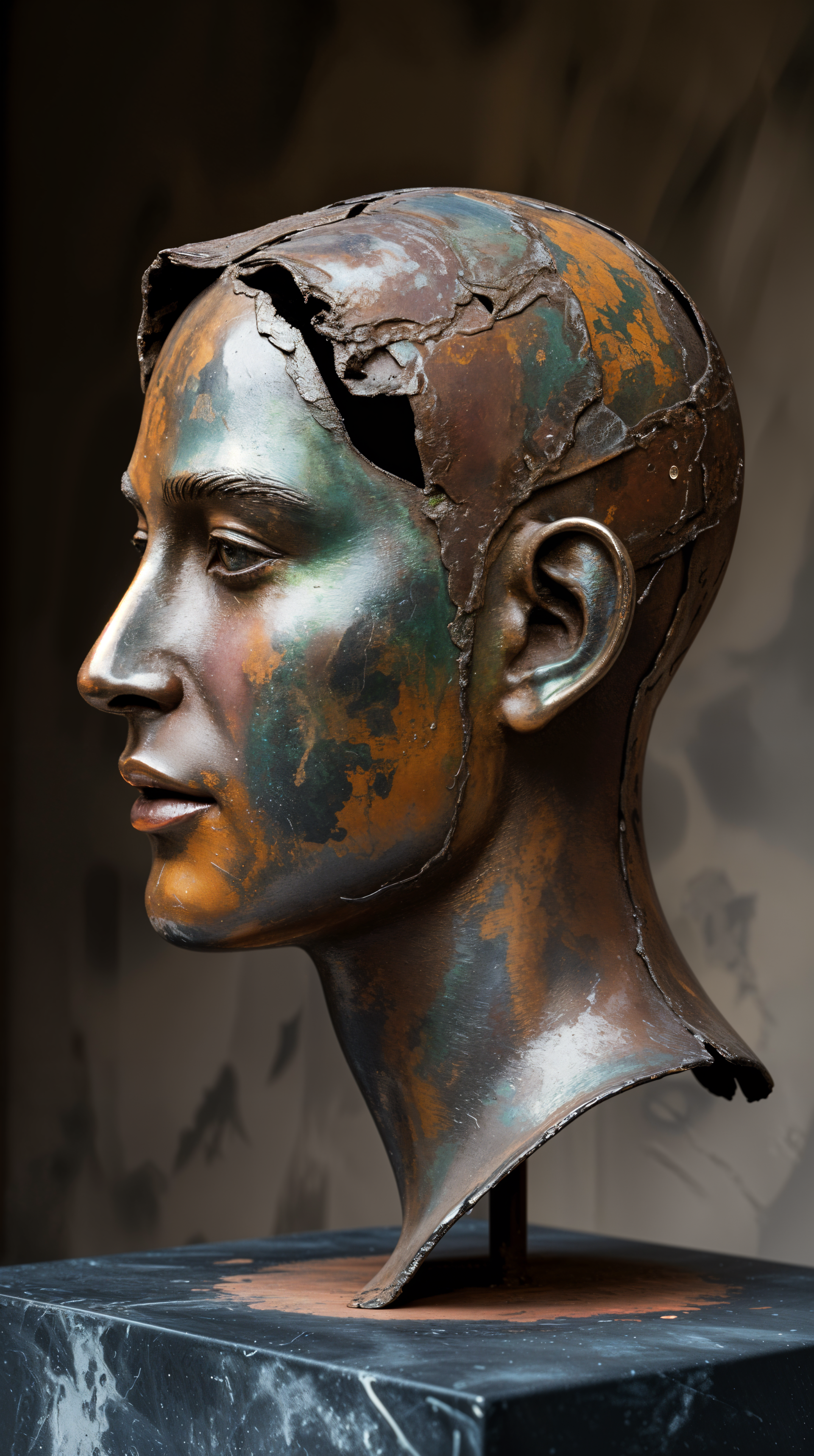 Phone wallpaper: weathered bronze bust shown in strict profile on a marble pedestal, oxidized green and rust patina, cracked crown-like top against a dark, blurred background.