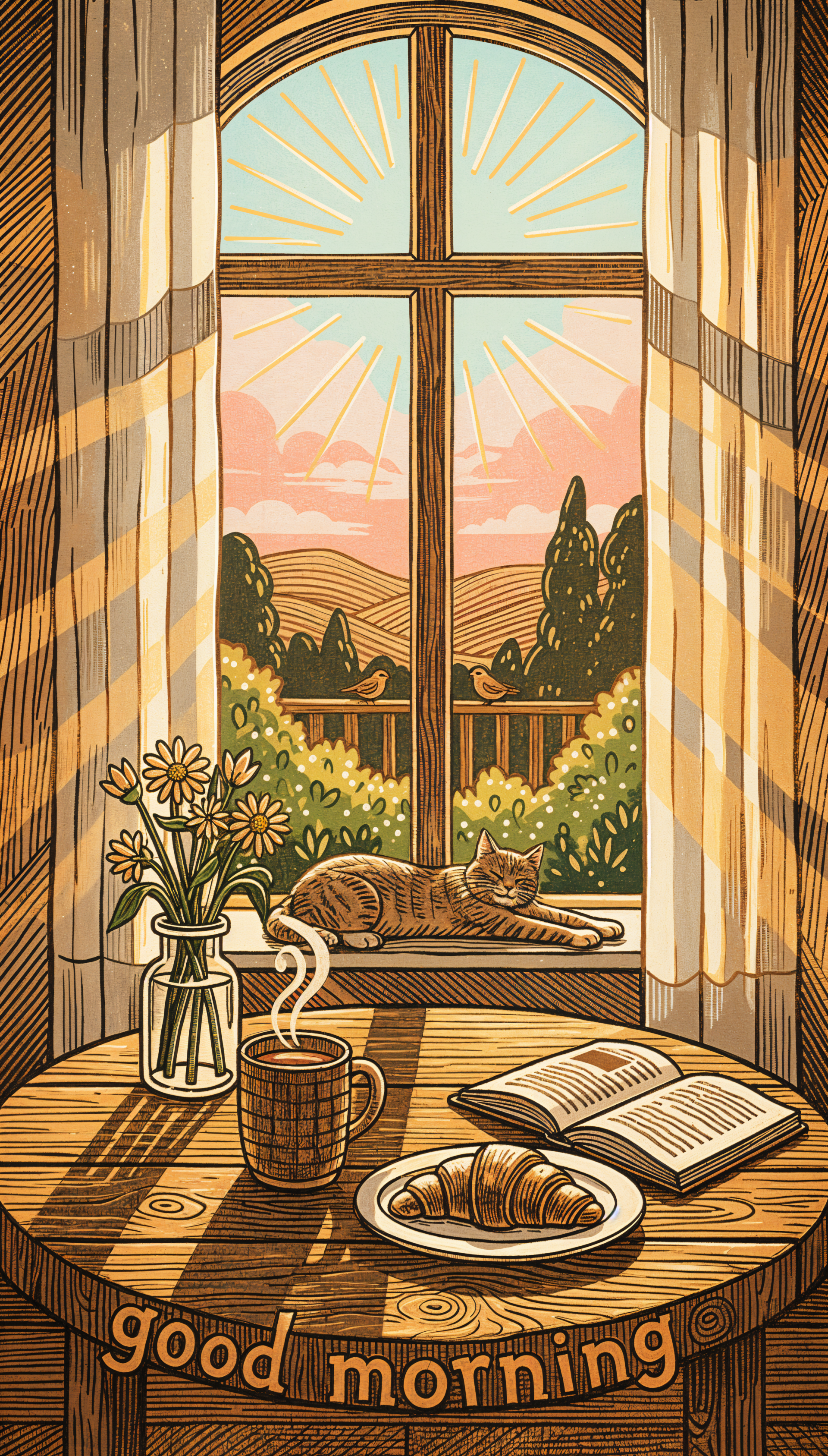 Phone wallpaper: sunlit window with rays and 'good morning' text; cat napping on the sill, steaming coffee, croissant, open book and vase of flowers on a wooden table, hills beyond.