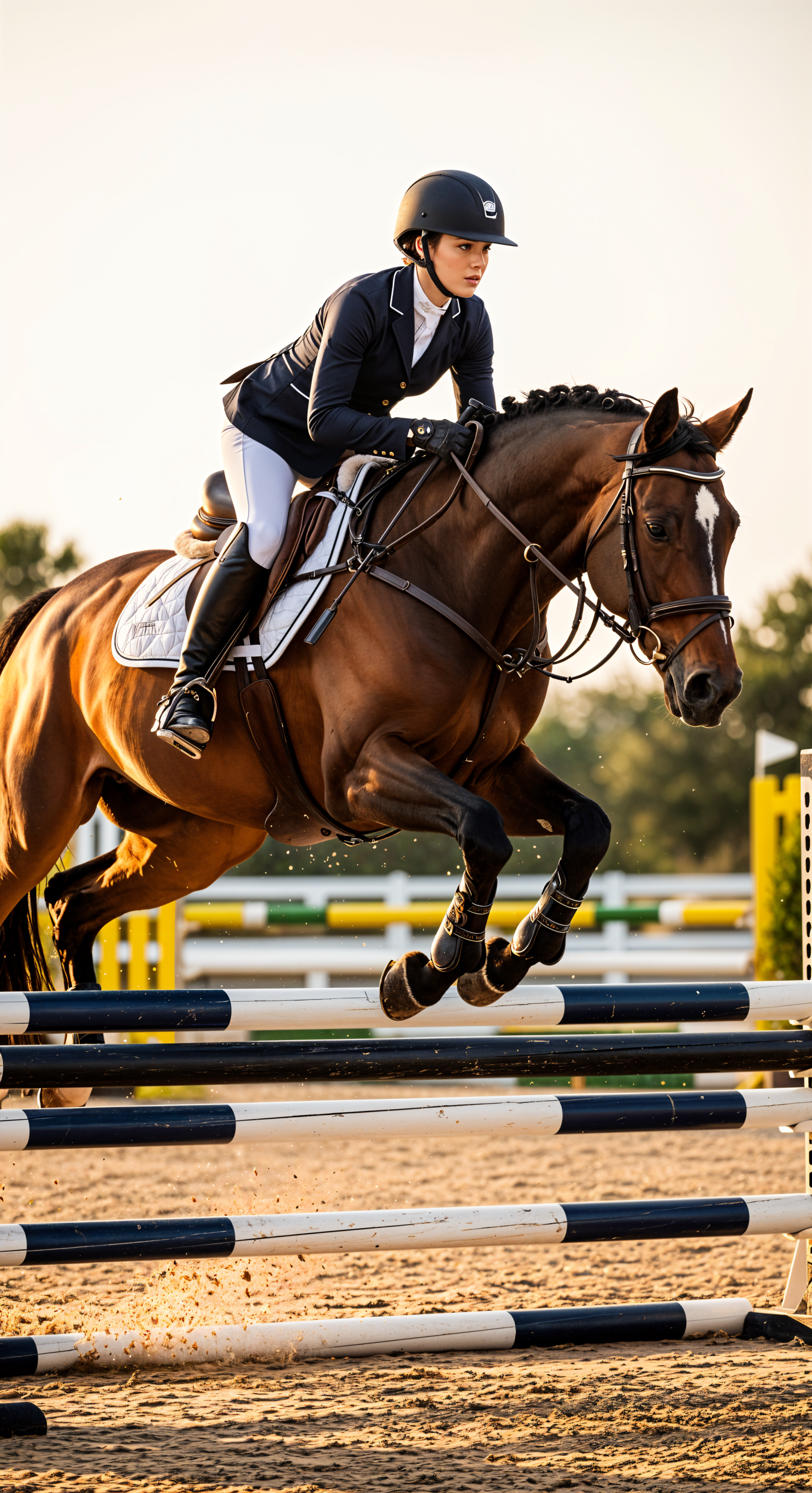 Phone wallpaper: equestrian scene of a rider in navy jacket jumping a bay horse over show-jump rails at golden hour.