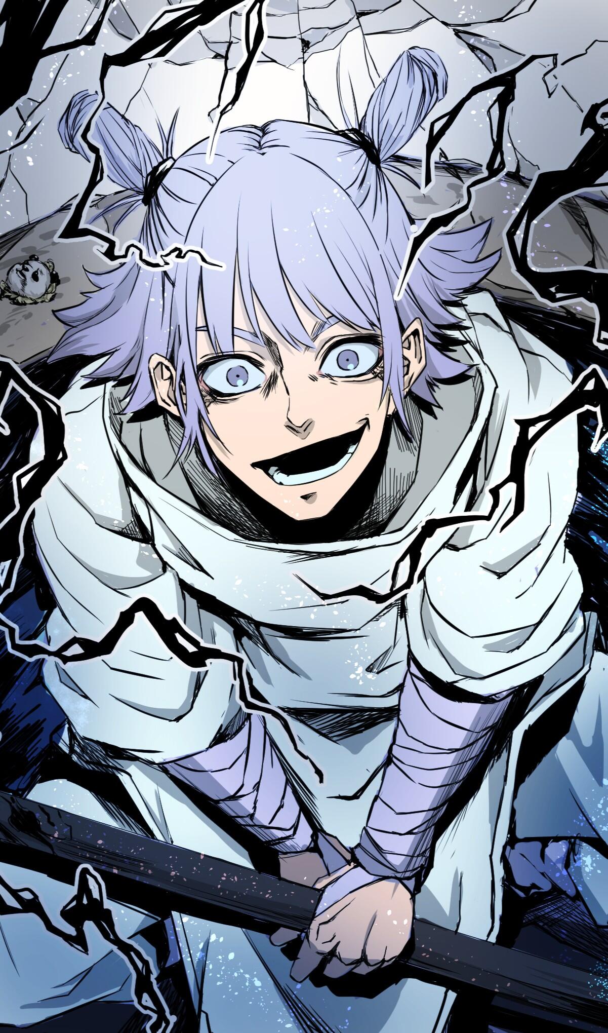 Phone wallpaper of Hajime Kashimo from Jujutsu Kaisen (manga, 3rd Season): grinning wide-eyed with purple twin tails and white cloak, framed by jagged black energy.