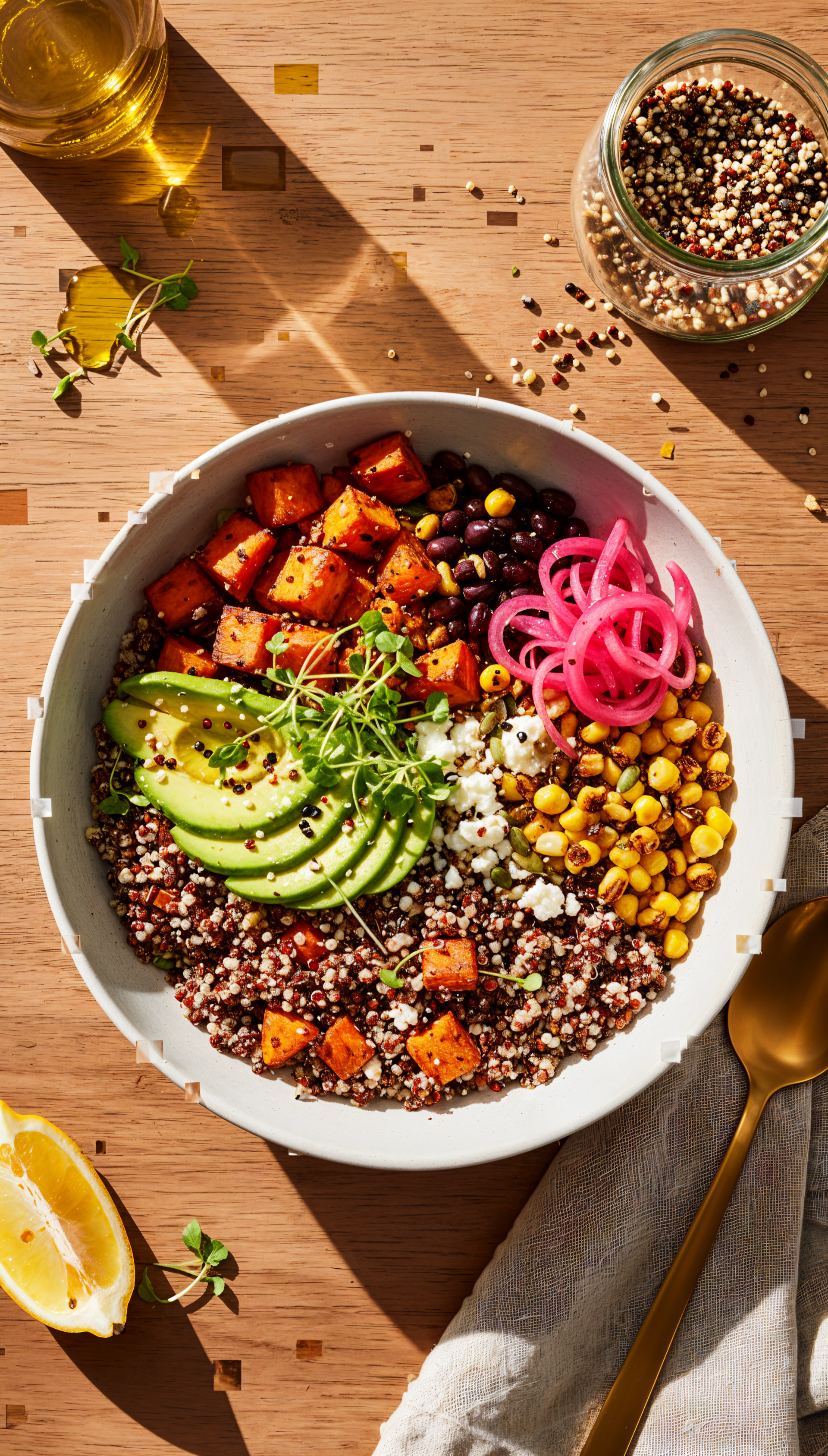 Phone wallpaper: vibrant quinoa bowl, overhead view of quinoa topped with avocado, roasted sweet potato, corn, black beans, pickled red onion, feta and microgreens.