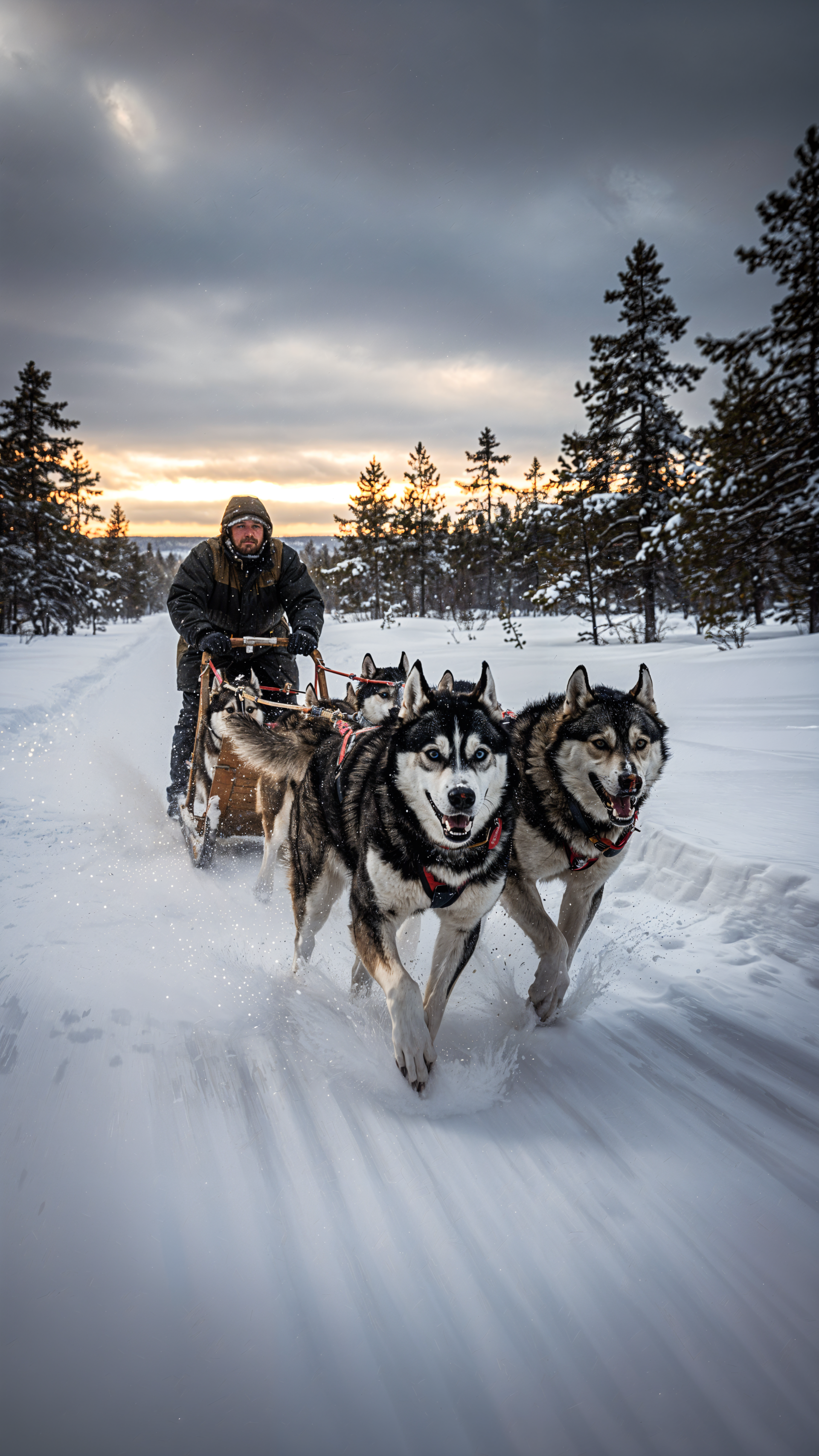 Vertical phone wallpaper of a dog sled team: huskies pulling a musher across fresh snow through a pine forest beneath a dramatic, clouded sunset.