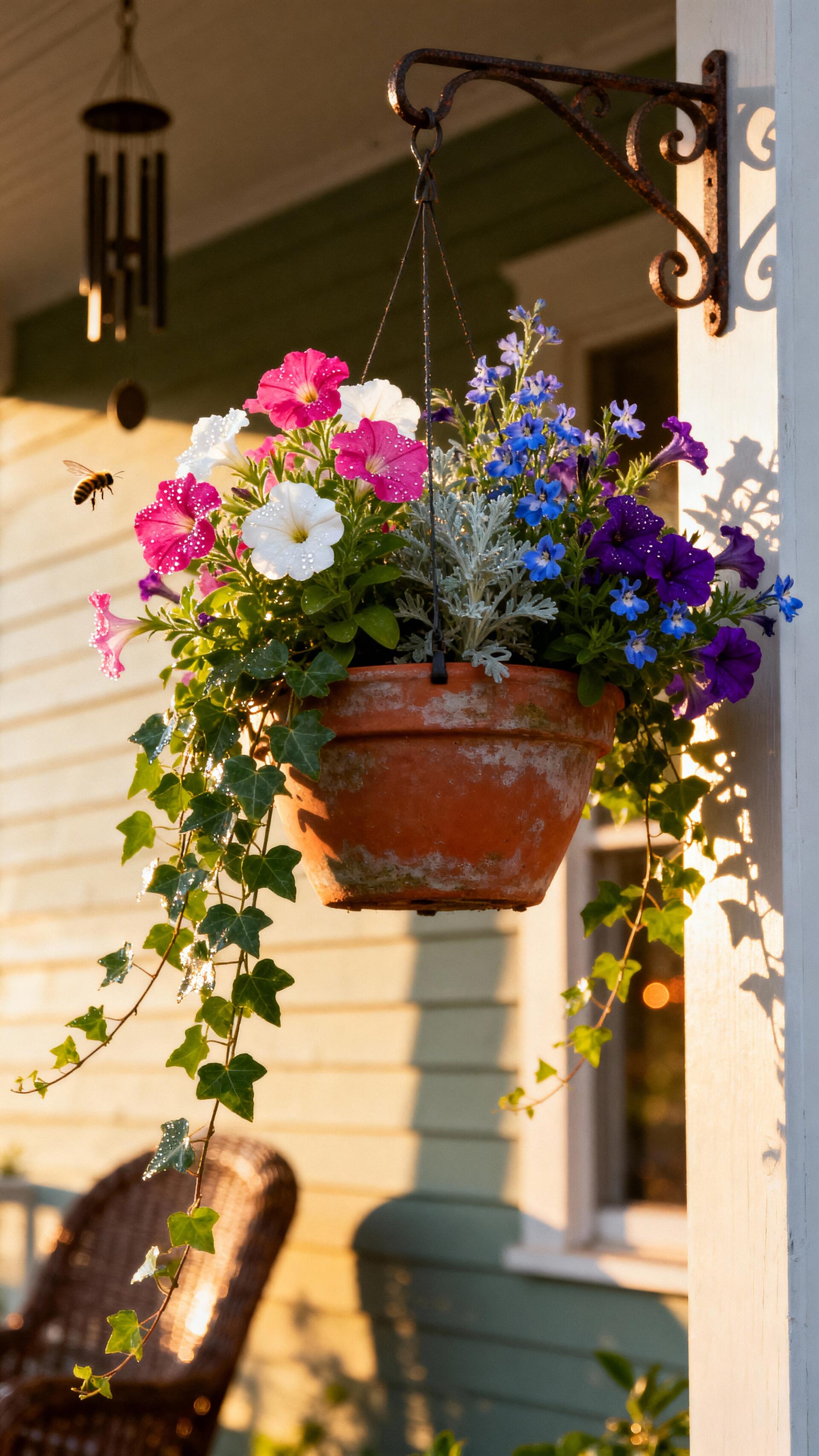 Phone wallpaper: sunlit hanging basket of pink, white and purple blooms with trailing ivy against a cozy porch backdrop.