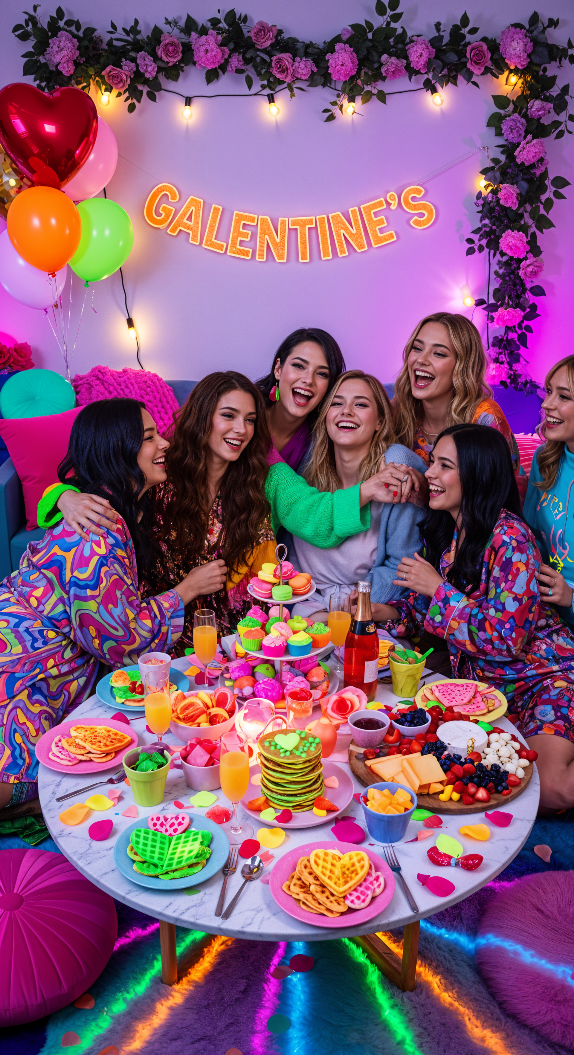 Phone wallpaper showing a Galentine's Day party — seven friends in colorful pajamas gathered around a table of bright desserts, balloons and floral lights.