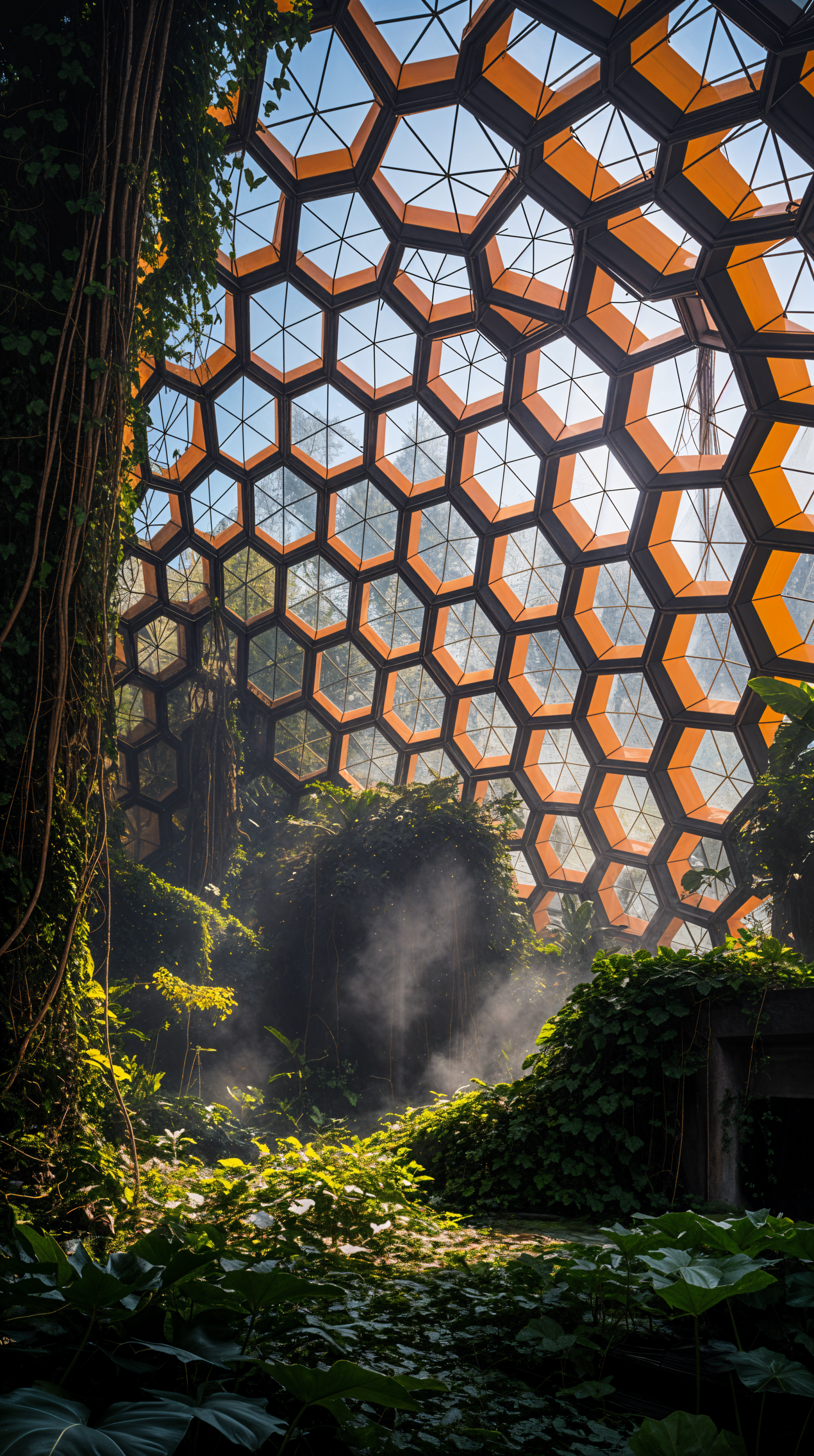 Phone wallpaper of a sunlit biodome: honeycomb glass dome casting light and mist over dense vines and lush greenery.