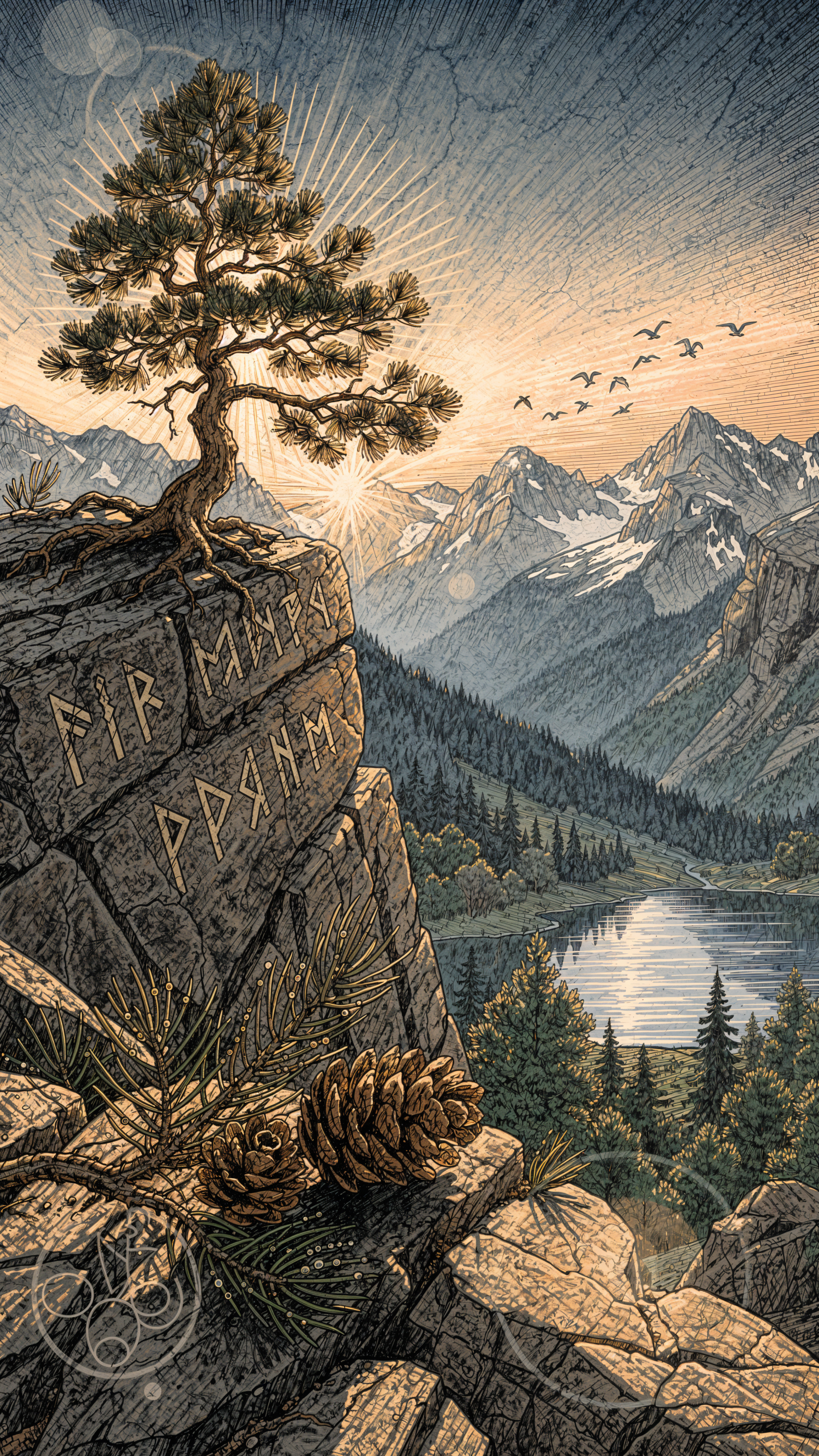 Phone wallpaper: a windswept pine tree on a rocky cliff above a mountain lake at sunrise, carved runes on the stone, pinecones in the foreground and birds flying over jagged peaks.