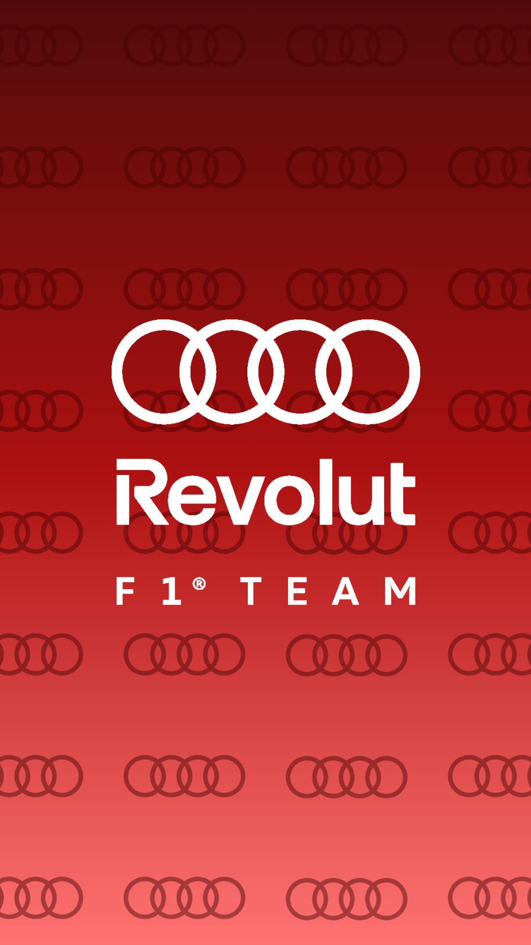 Phone wallpaper with a red gradient and repeating Audi rings pattern, large white Audi rings above the Revolut wordmark and F1 TEAM text.