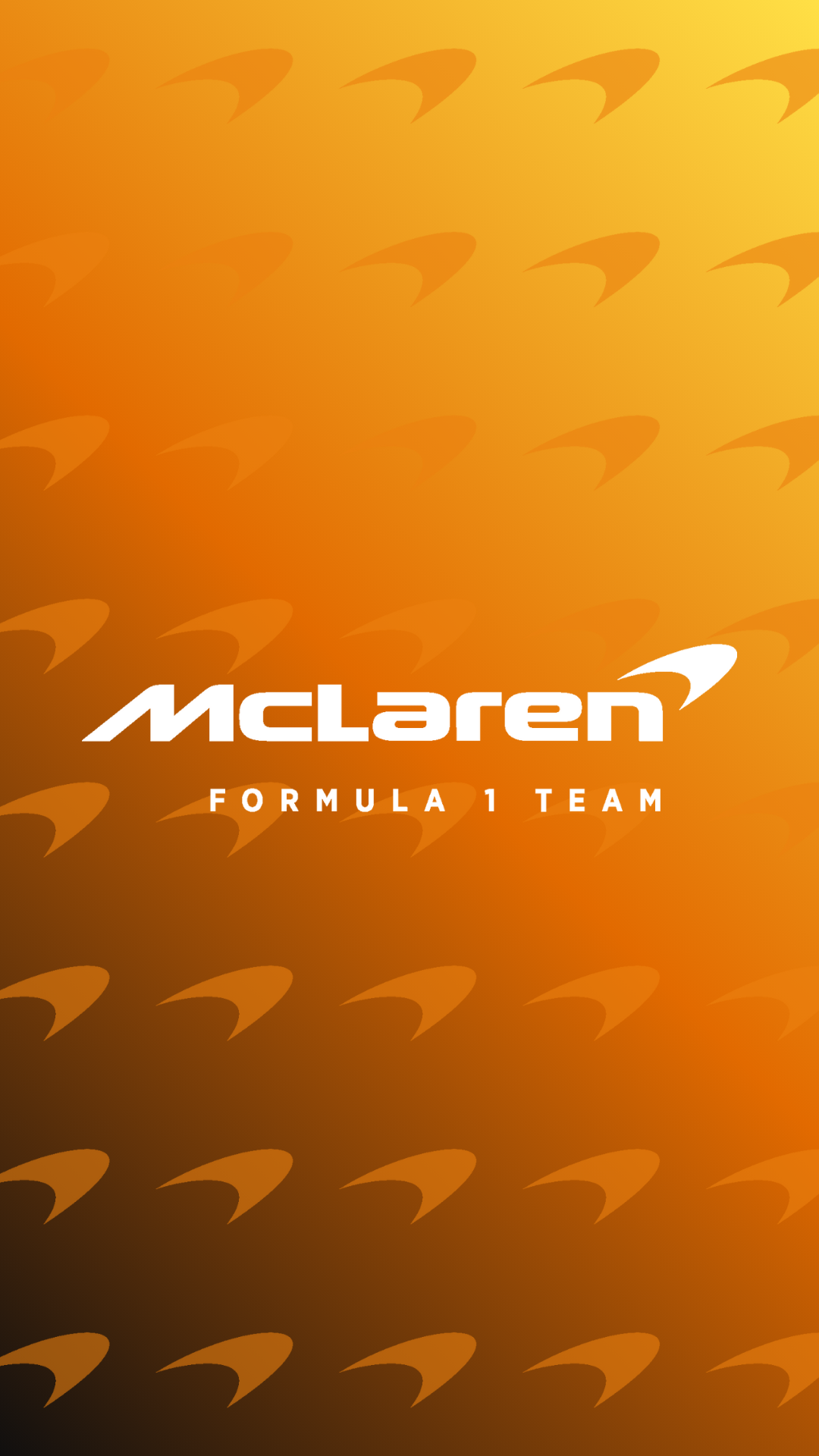 McLaren Formula 1 team logo centered on an orange gradient phone wallpaper, with repeating stylized swooshes evoking F1 race cars and speed.