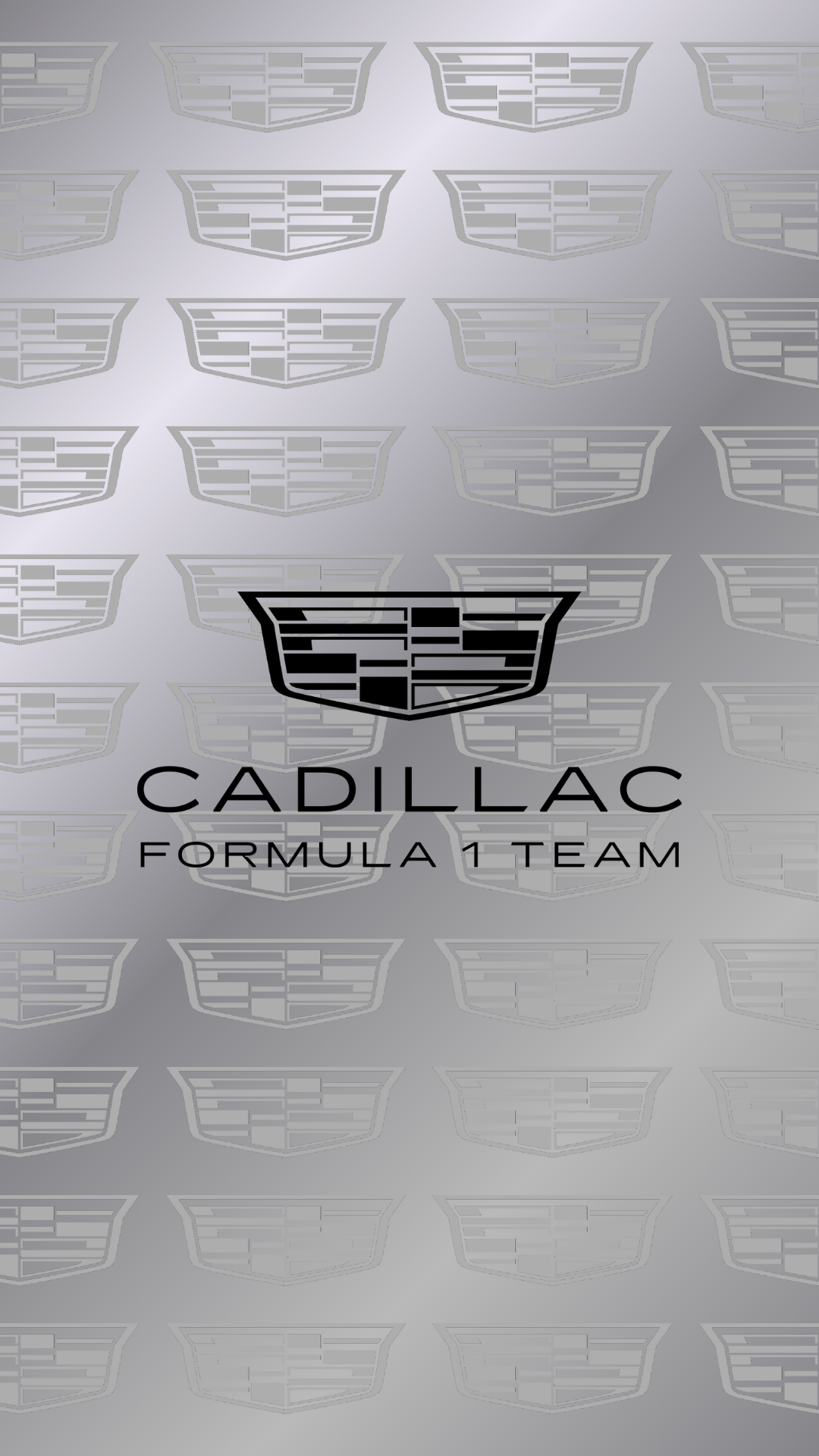 Phone wallpaper showing Cadillac crest and CADILLAC FORMULA 1 TEAM text on a brushed-metal backdrop with repeating Cadillac logos, evoking F1 race car team branding.