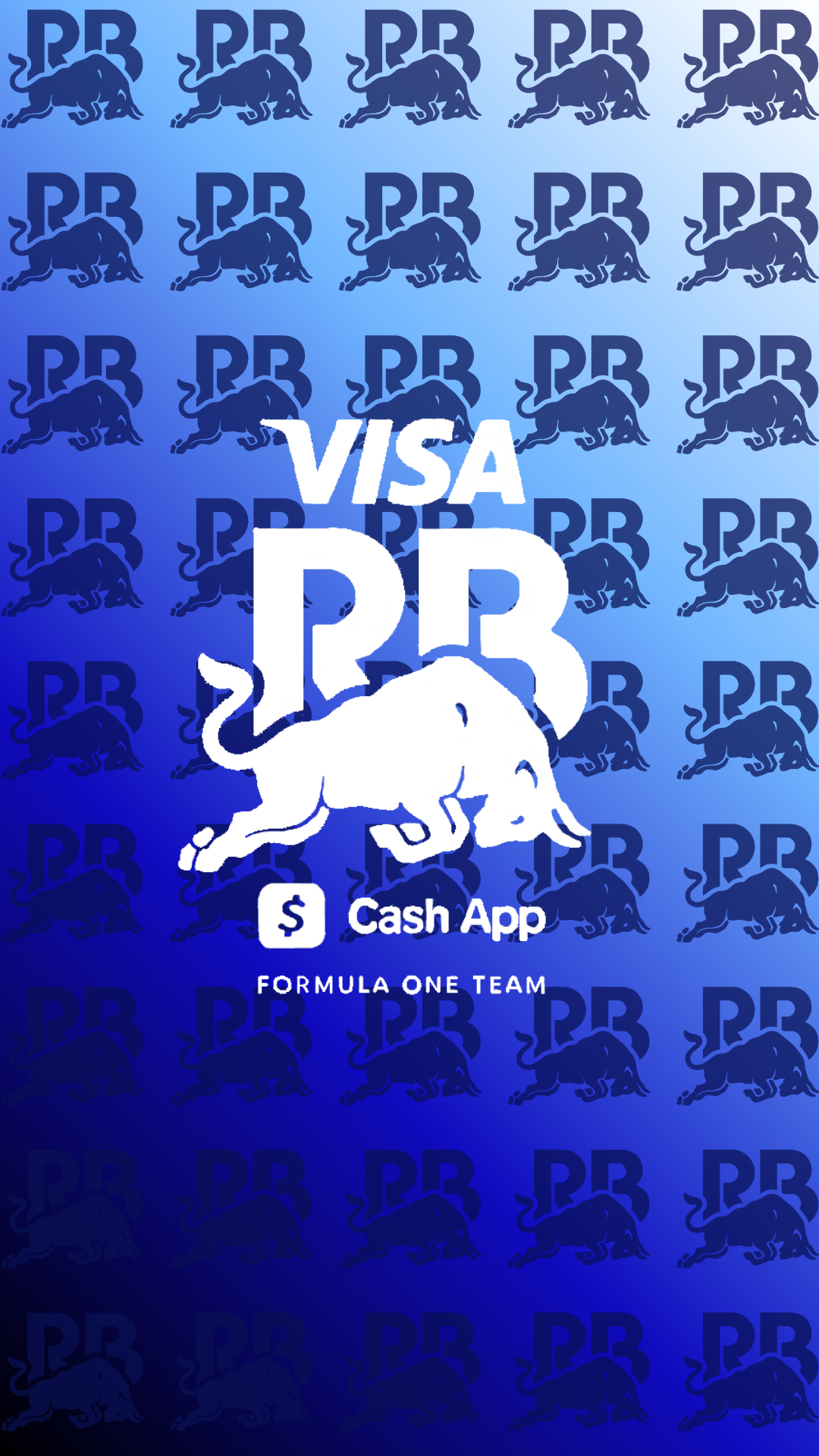Phone wallpaper: blue gradient with repeating RB Red Bull logos, bold white VISA and Cash App branding over a charging bull, referencing Red Bull Racing F1 team, races and car heritage.
