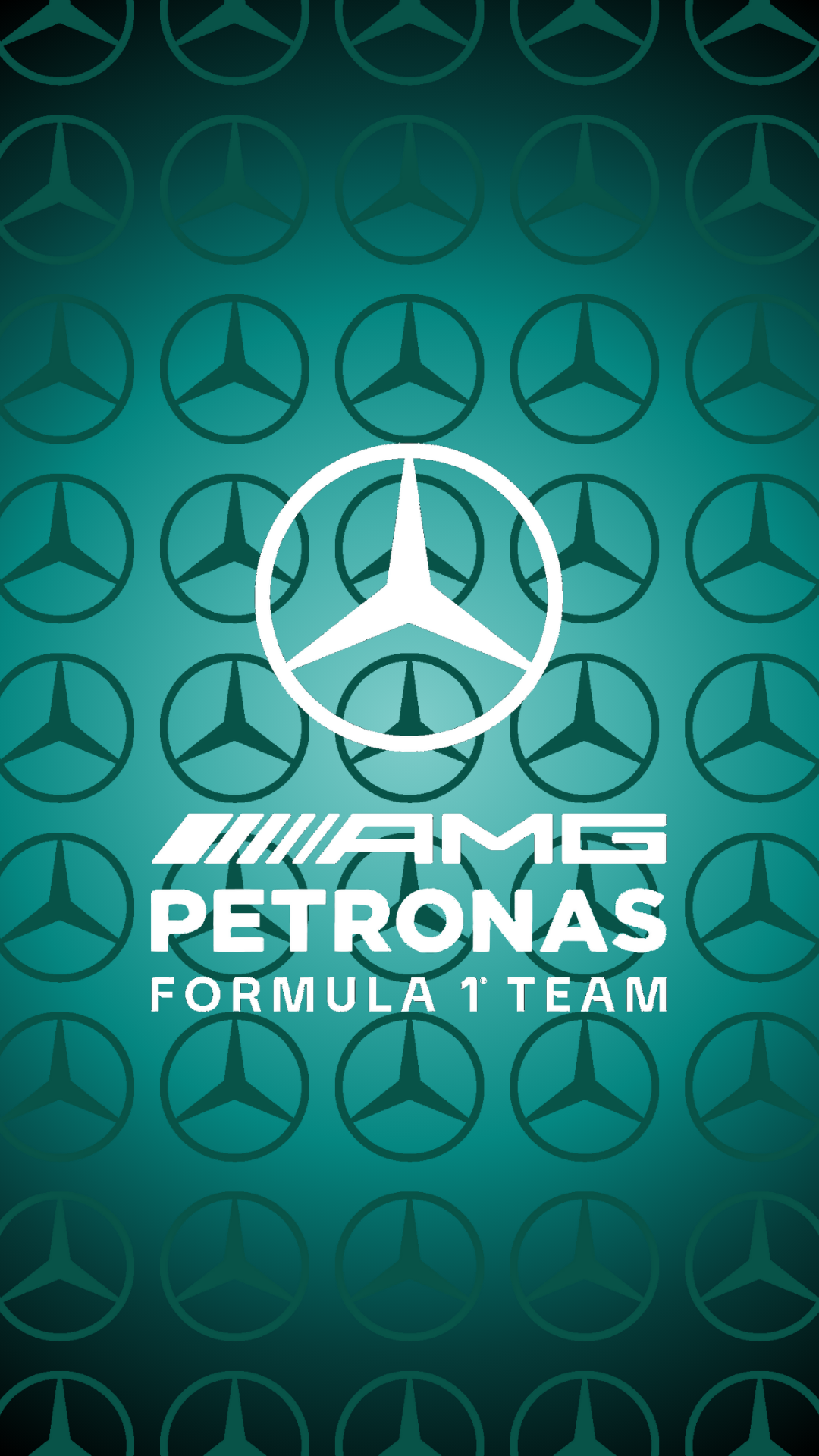 Phone wallpaper: teal gradient with repeating Mercedes star motif, central Mercedes emblem above AMG PETRONAS FORMULA 1 TEAM text, evoking the Mercedes F1 racing team.