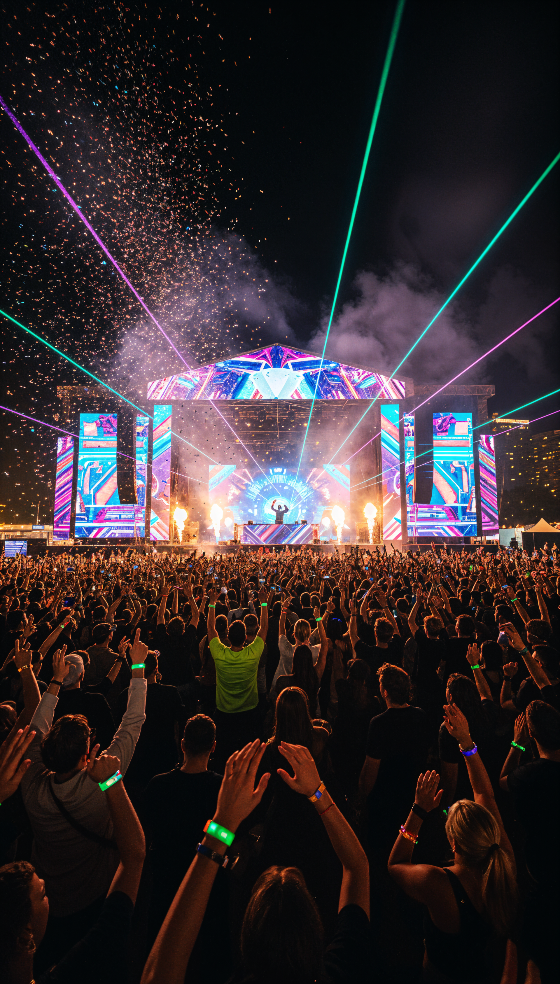 Phone wallpaper of an EDM festival stage at night: neon laser beams, LED screens, pyrotechnics and confetti above a cheering crowd.