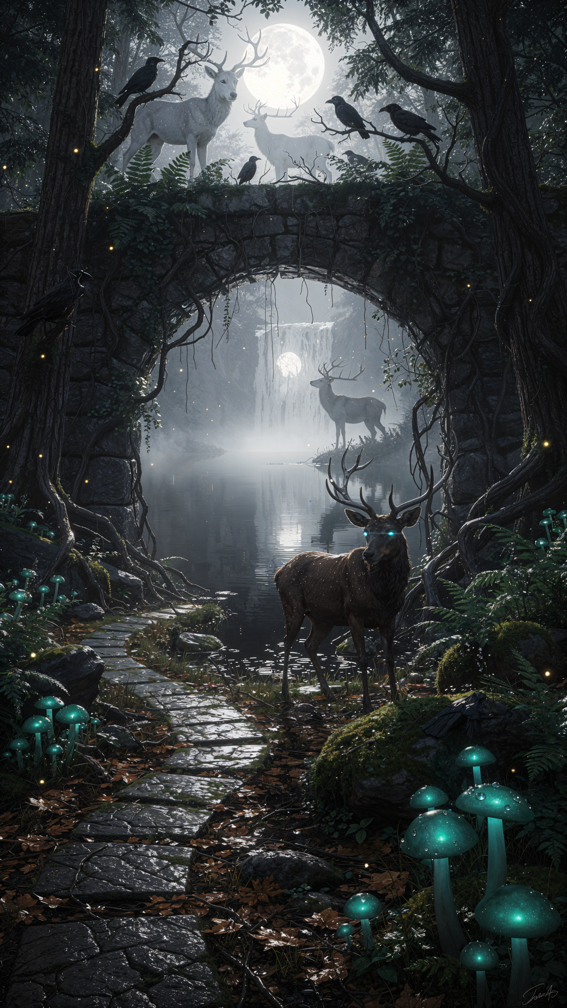Phone wallpaper, dark nature: moonlit forest path under a stone arch, misty waterfall, glowing mushrooms, ravens and ethereal stags — one with luminous eyes.
