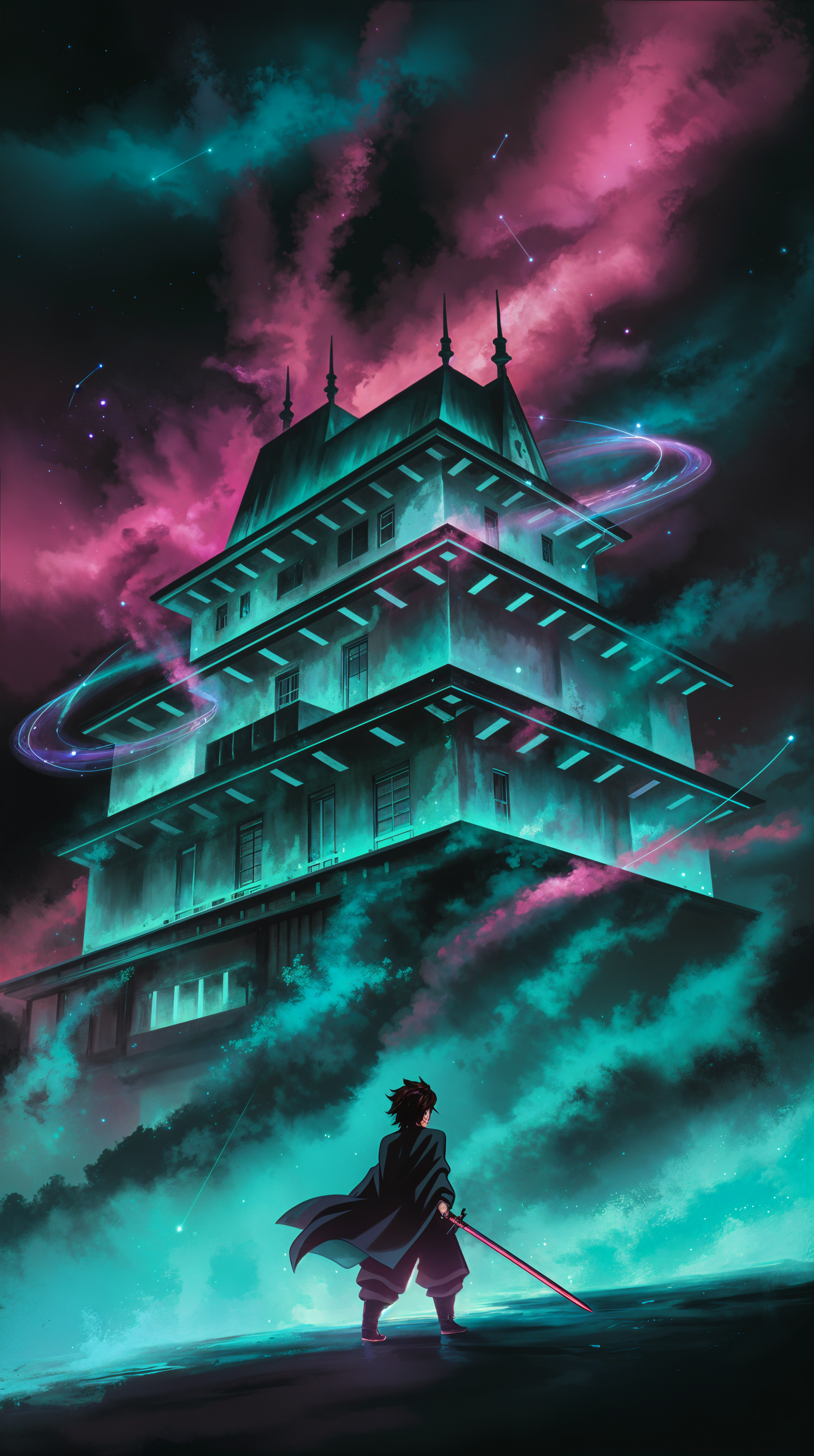 Download Demon Slayer: Kimetsu No Yaiba - The Movie: Infinity Castle Tanjiro Kamado Pagoda Samurai Katana Phone Wallpaper by QuantumCurator
