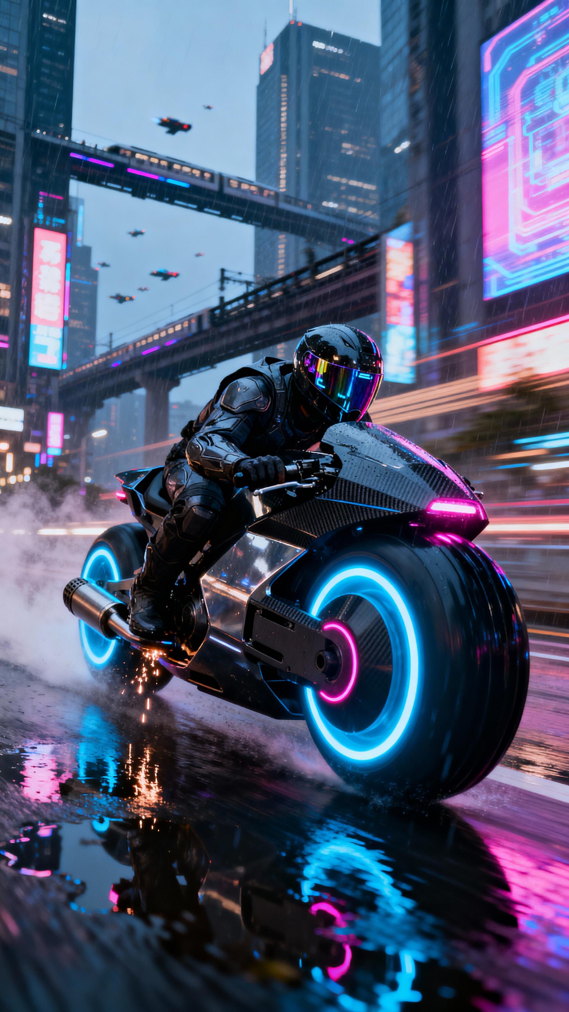 Phone wallpaper showing a neon cyberpunk motorcyclist racing through rainy city streets, glowing blue and pink wheels and neon reflections on wet pavement.