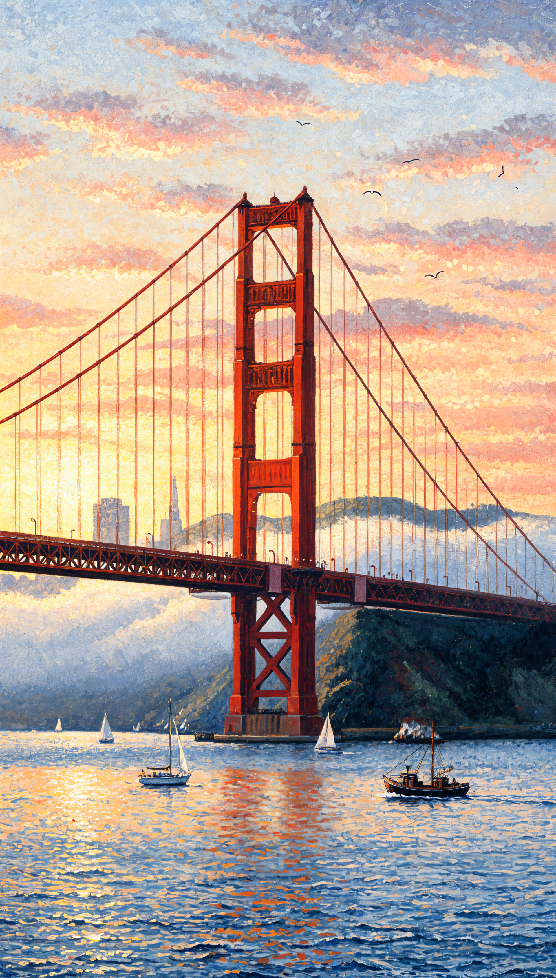 Phone wallpaper of the Golden Gate Bridge at sunset with a painterly pastel sky, sailboats on shimmering water, birds overhead, and warm orange-red bridge towers.
