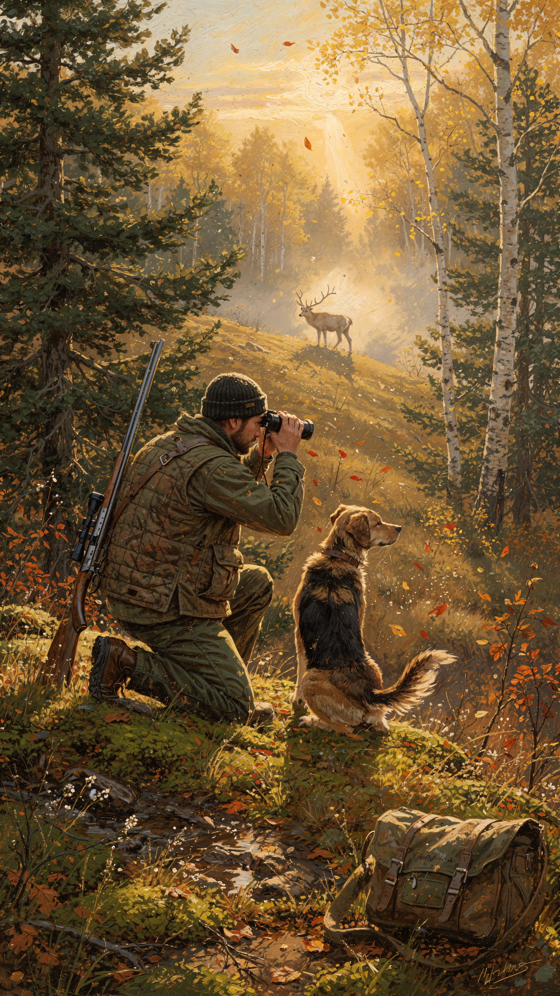 Phone wallpaper showing a hunter kneeling with binoculars and rifle beside his dog, watching a stag on a sunlit autumn ridge.