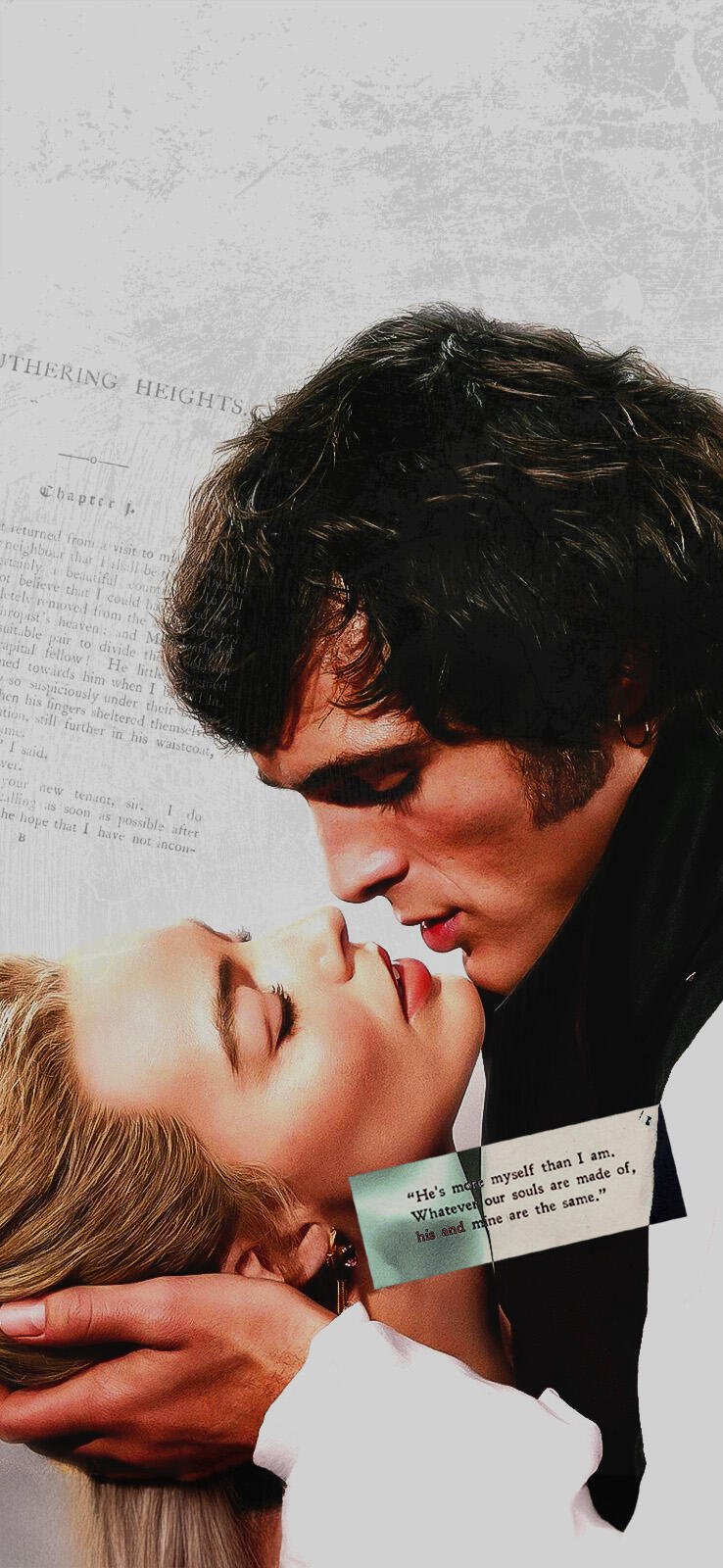 Wuthering Heights–inspired phone wallpaper: intimate, romantic close-up of two lead actors about to kiss, soft vintage tones and a faint page of text in the background.