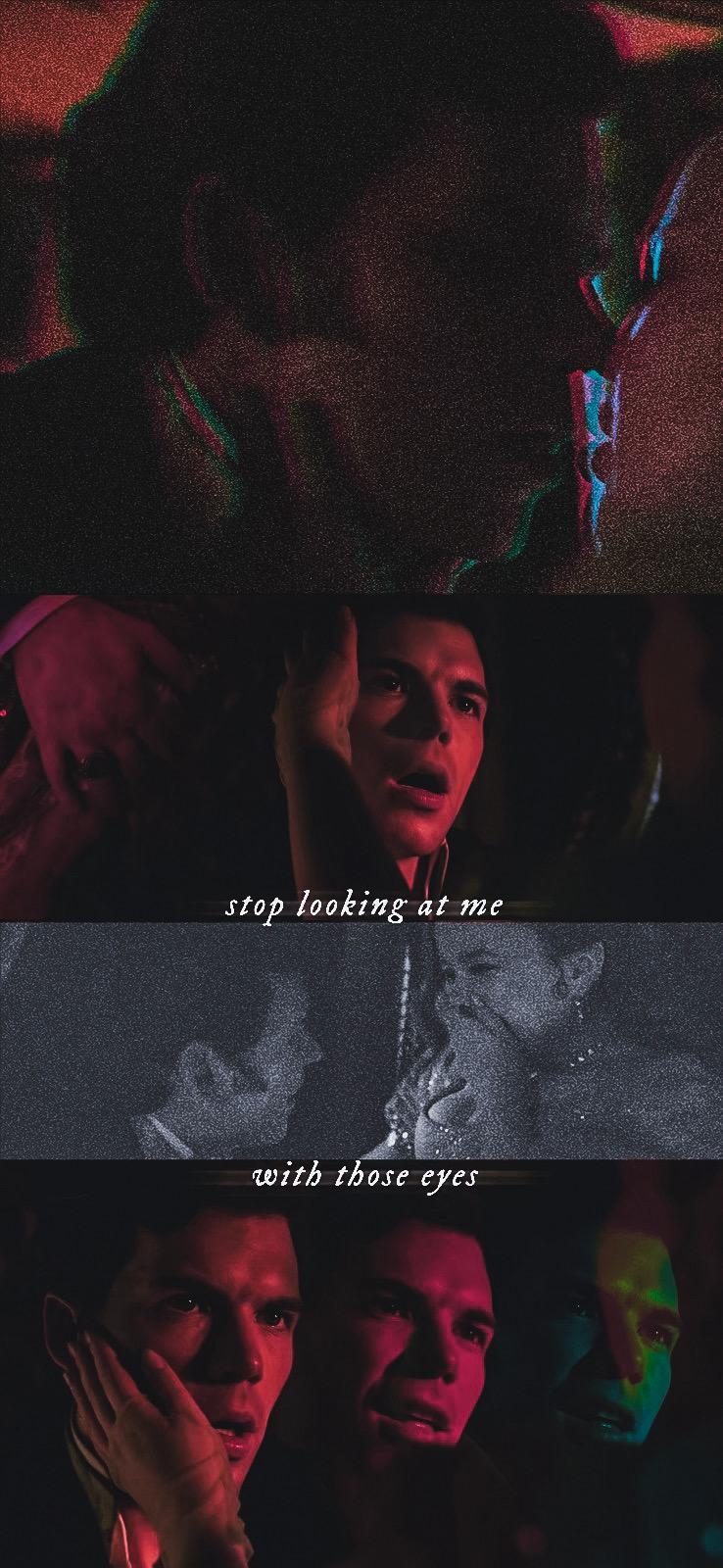 Phone wallpaper collage from Bridgerton: moody, grainy romantic close-ups of Colin Bridgerton and Penelope Featherington with the overlay stop looking at me with those eyes.