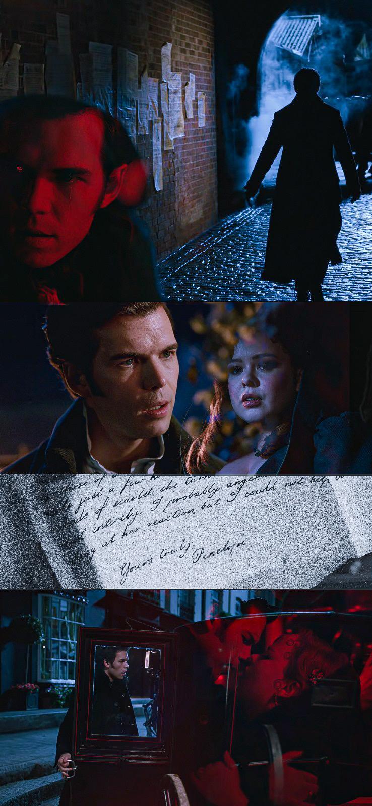 Phone wallpaper collage from Bridgerton showing Colin Bridgerton and Penelope Featherington in moody night scenes—close-ups, a handwritten letter and a carriage, romance TV.