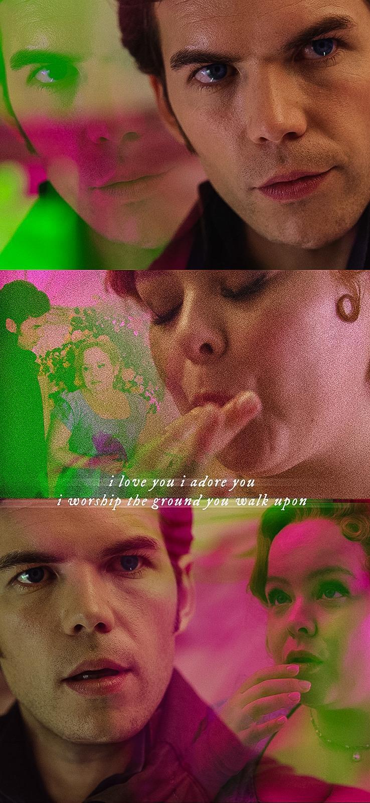 Bridgerton TV phone wallpaper: romantic collage of two longing close-ups and a finger-to-lips shot in pink-green tones with faint caption i love you i adore you.