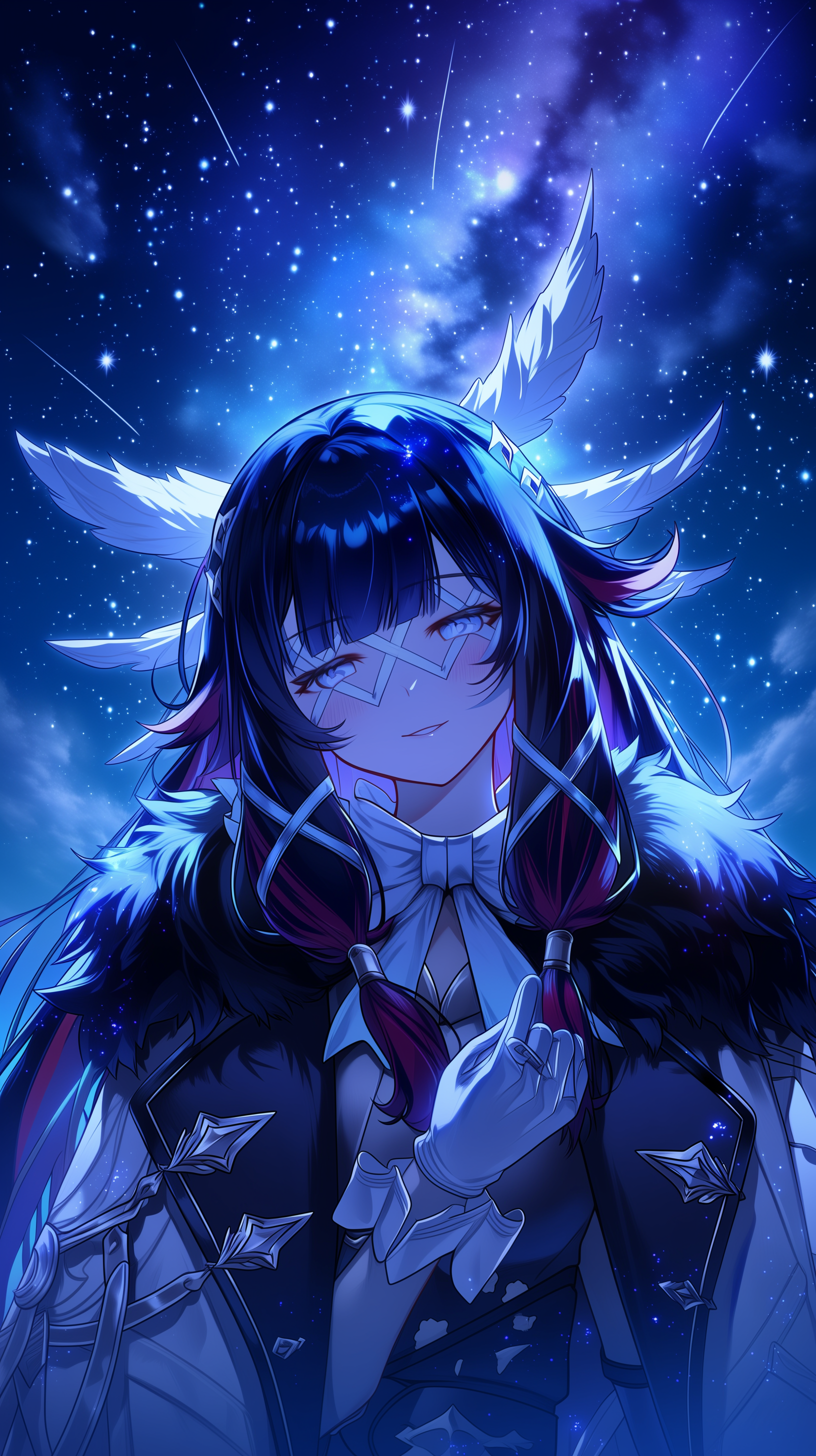 Phone wallpaper of Columbina (Genshin Impact, ARPG) in Sky Anime style — smirking with an eyepatch, feathered headdress and fur cloak beneath a vivid starry blue galaxy sky.