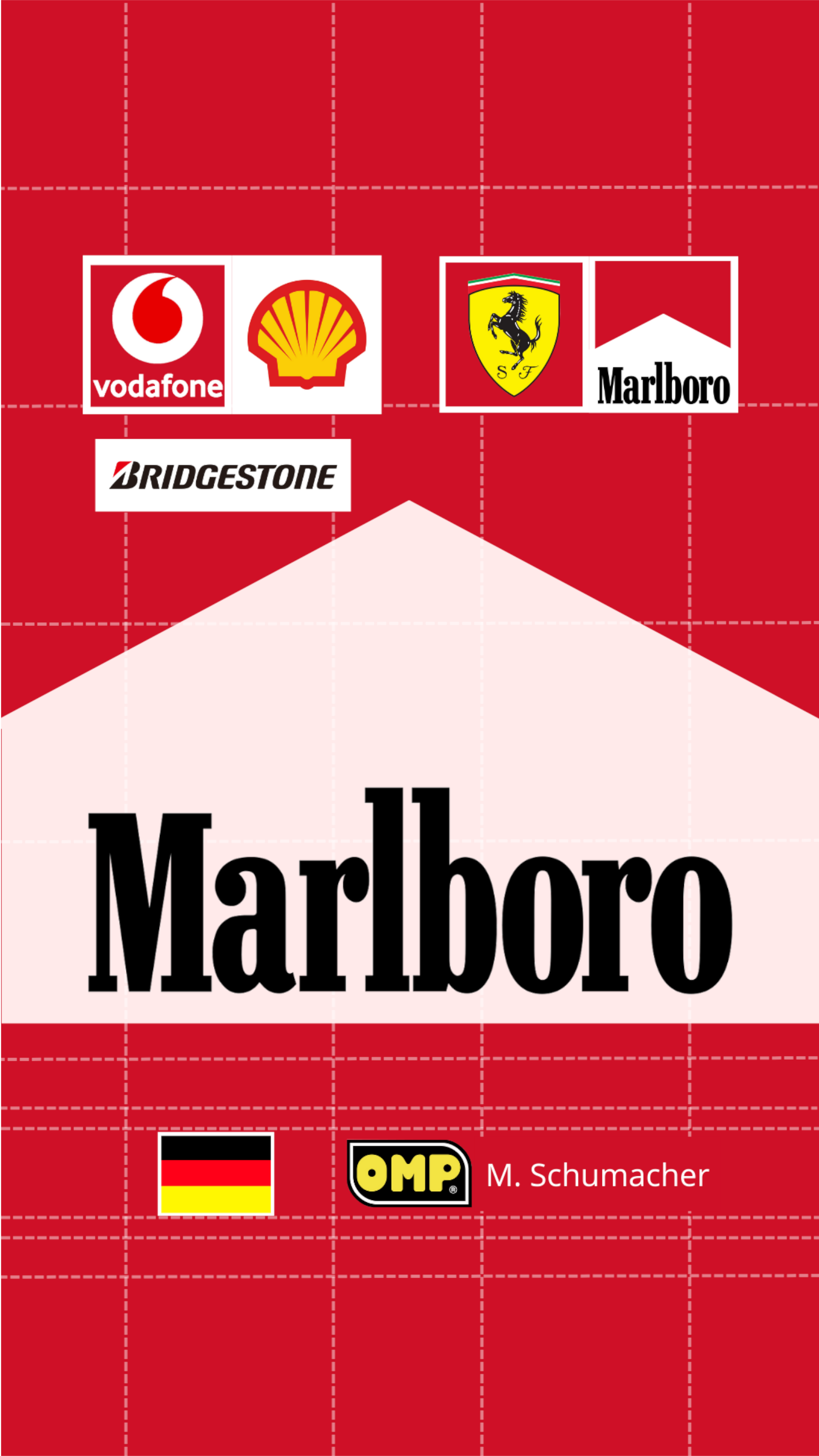 Red F1 racing phone wallpaper with Marlboro and Ferrari livery, Vodafone/Shell/Bridgestone sponsor badges, a German flag and a driver's name printed along the lower edge.
