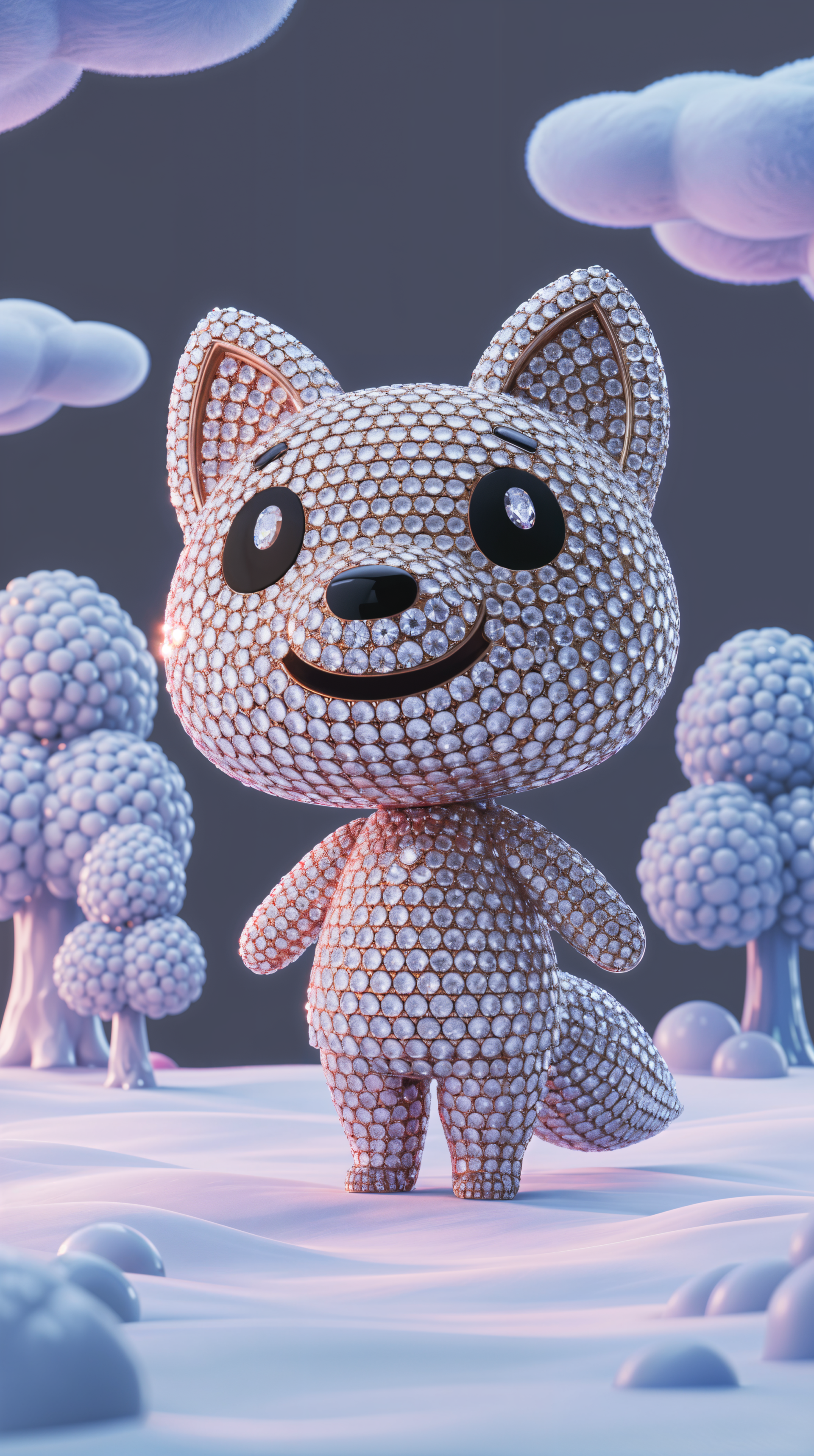 Phone wallpaper of a sparkling, gem-encrusted Animal Crossing fox smiling in a pastel, cloudlike forest with round bubble trees and a soft purple sky.