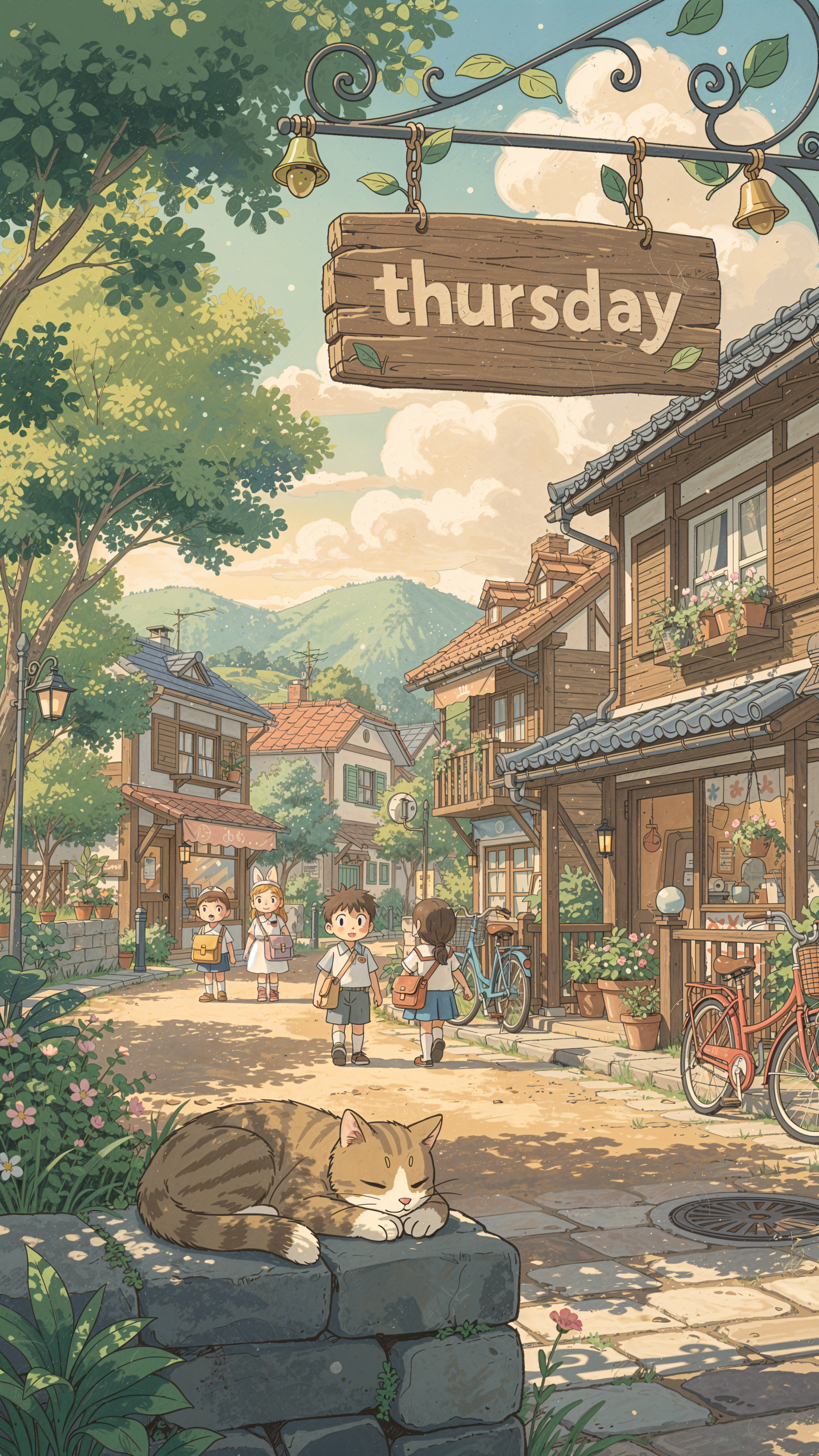 Phone wallpaper: cozy sunlit village street with a wooden sign reading thursday, a sleeping cat on a stone wall, children strolling past bikes and quaint shops.