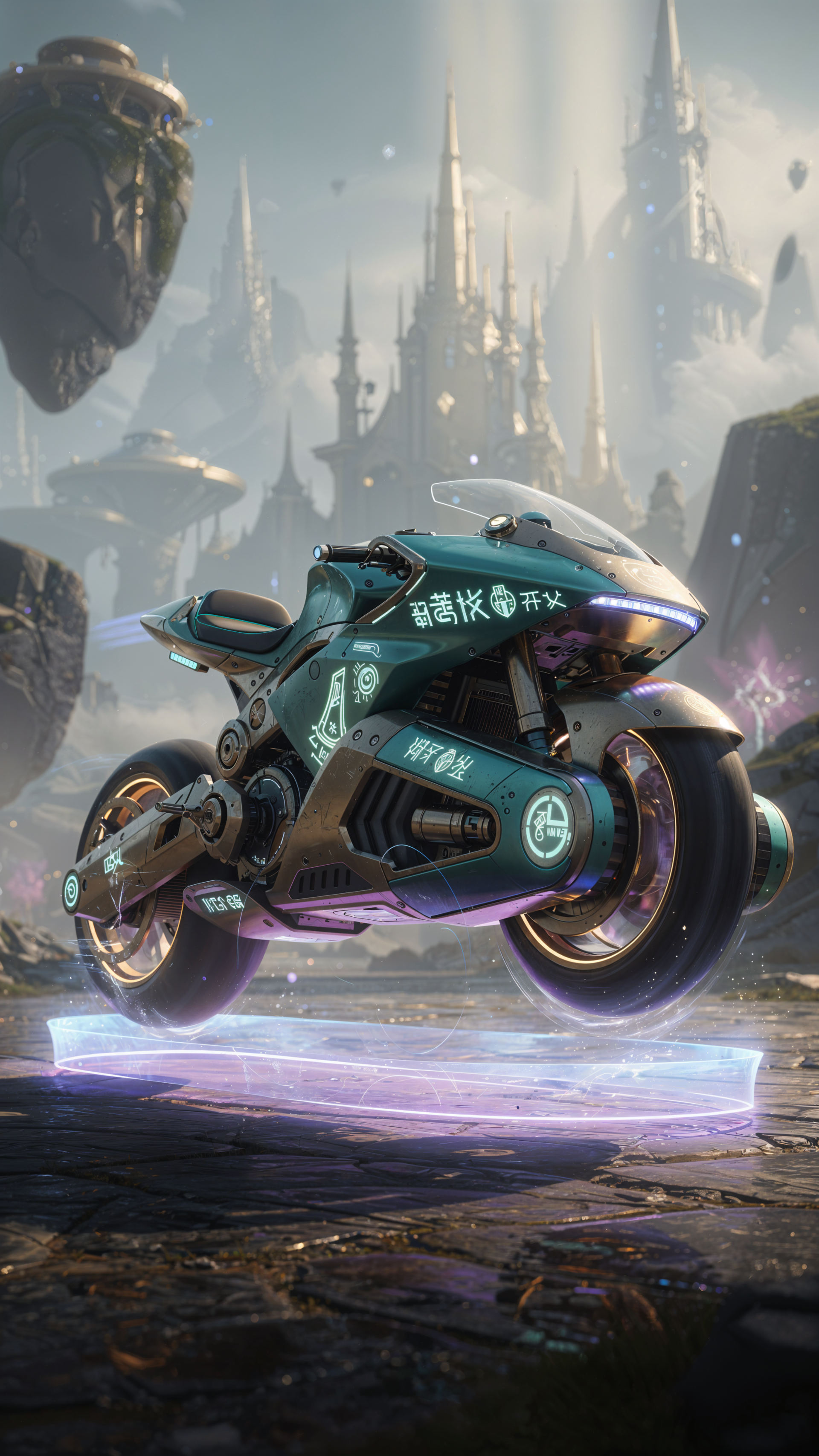 Phone wallpaper of a neon teal and purple futuristic hoverbike floating above a glowing platform, set against distant floating spires and misty castle-like towers.