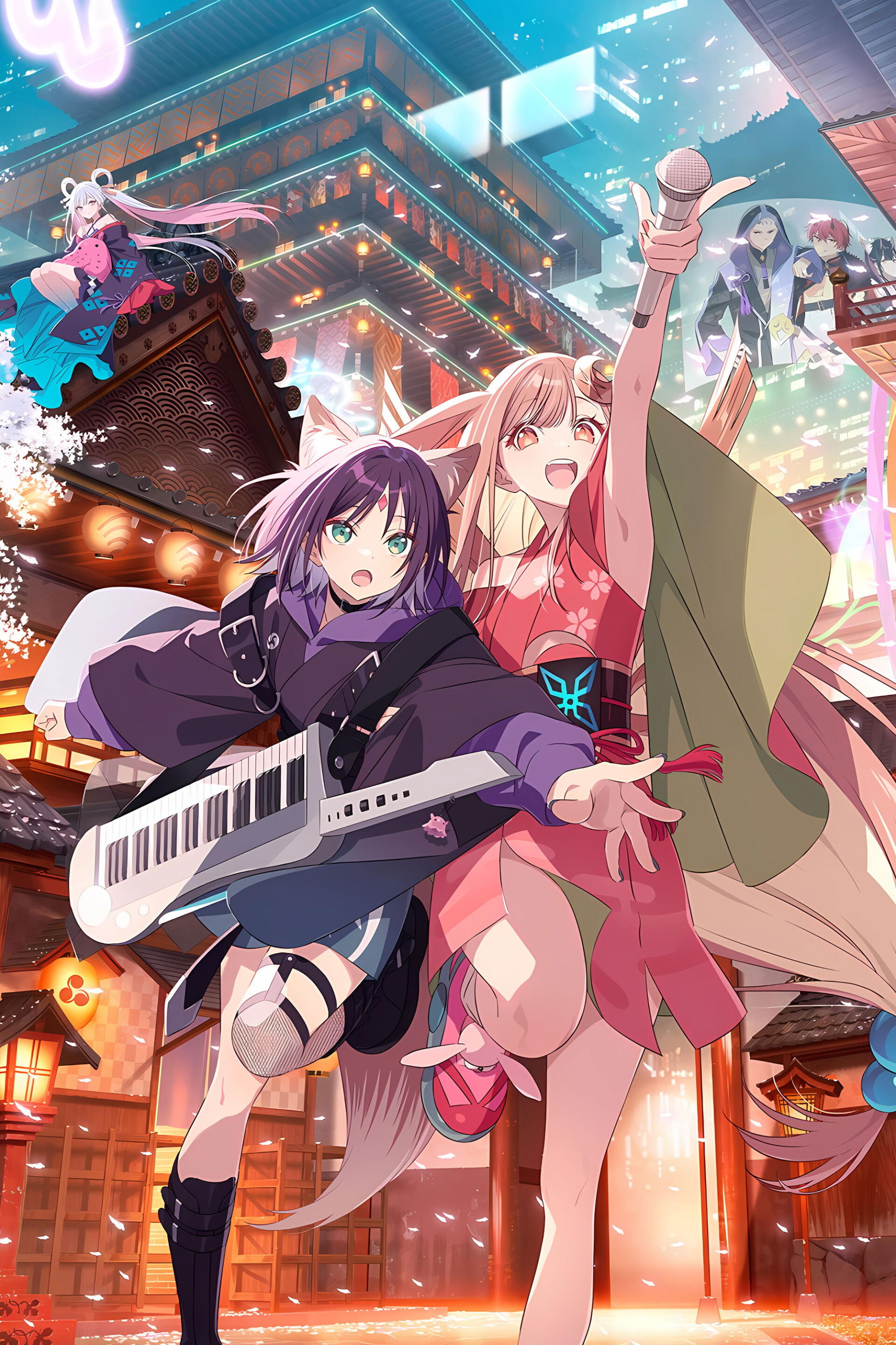 Phone wallpaper for Cosmic Princess Kaguya! featuring two anime idols — one with a keytar and one with a microphone — performing exuberantly against a neon-lit, temple-like cityscape.