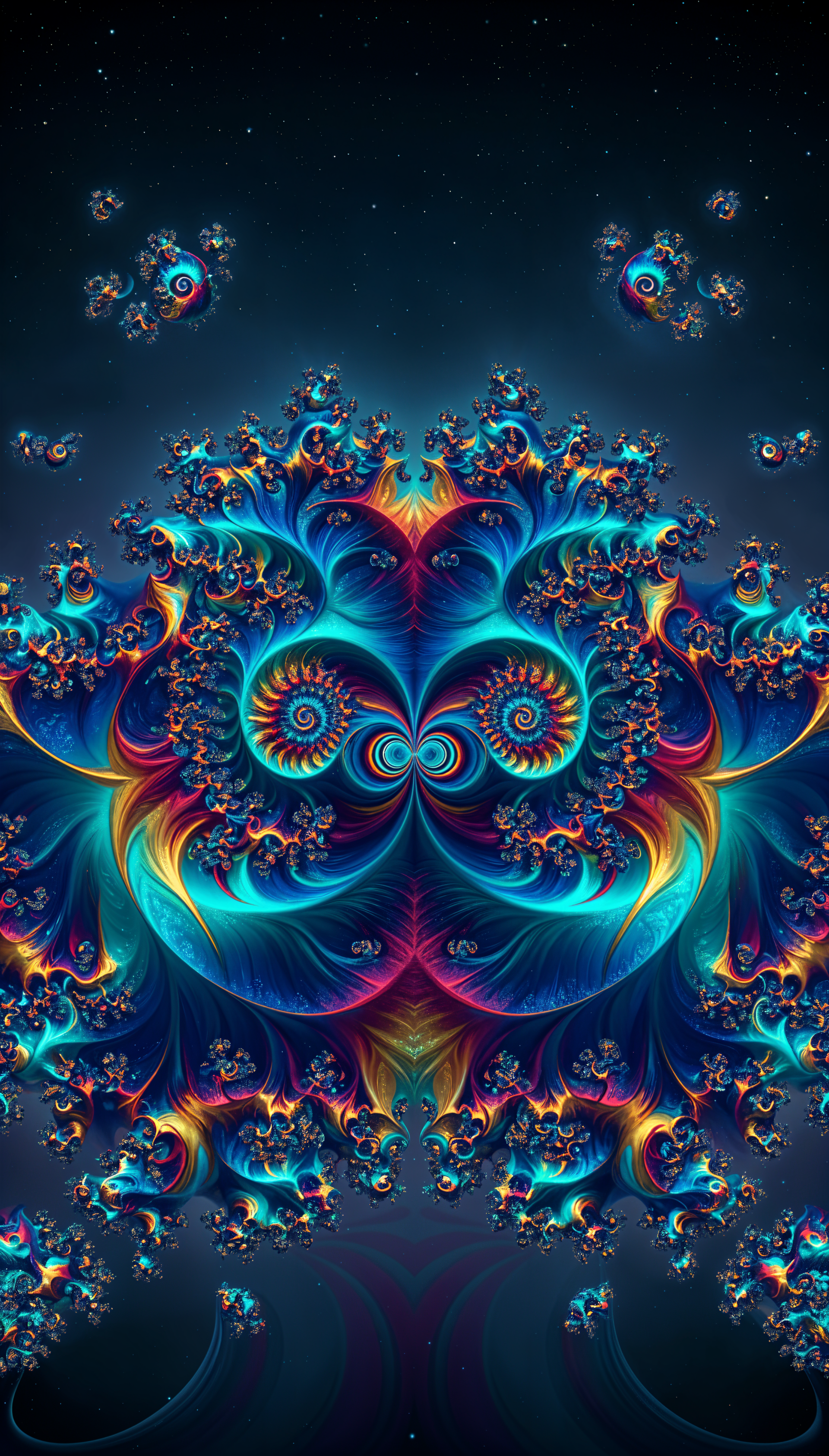 Julia set fractal phone wallpaper with symmetrical, glowing teal, blue, purple and gold spirals and floral swirls against a deep, star-speckled background.