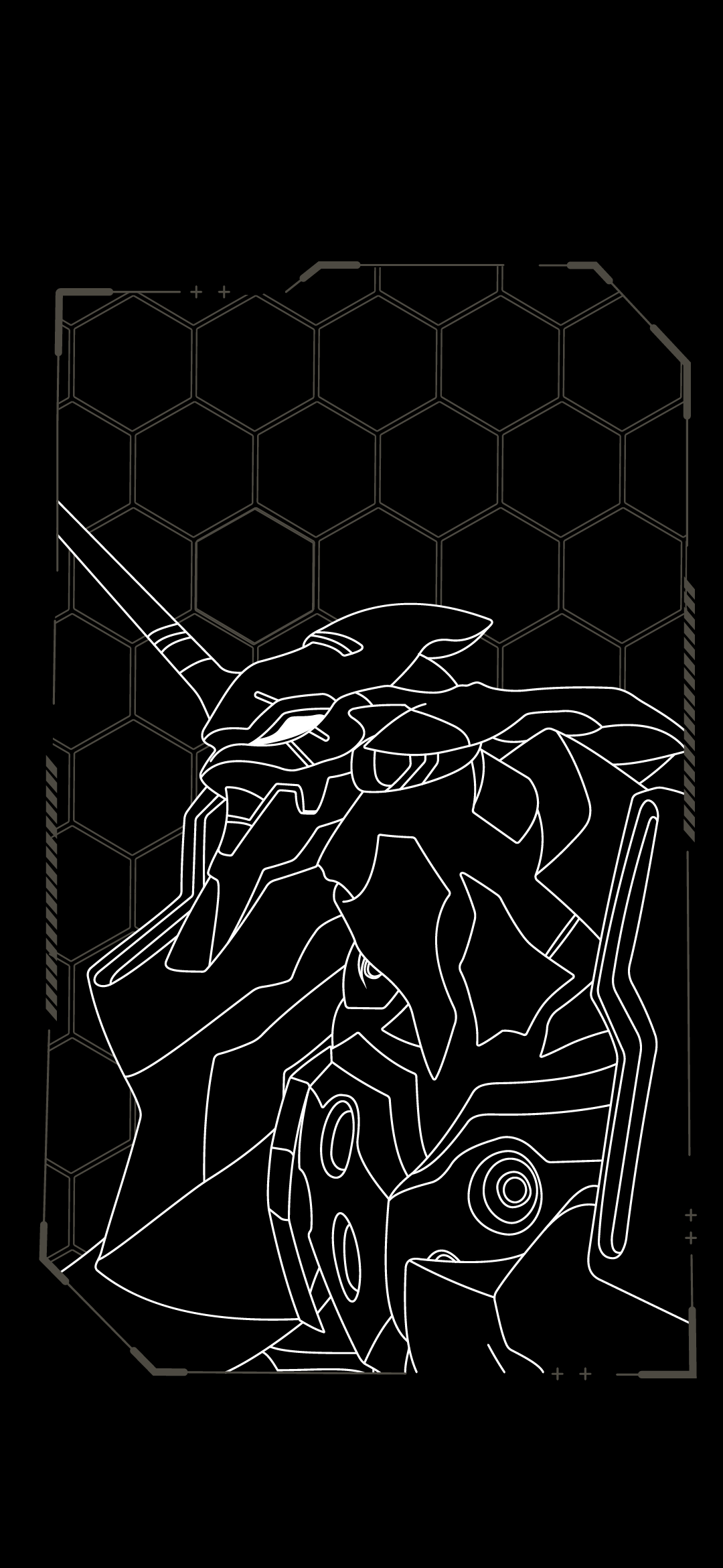 Black-and-white manga-style phone wallpaper of Neon Genesis Evangelion Unit-01: white line-art of the Eva’s head and upper torso over a hexagonal grid.