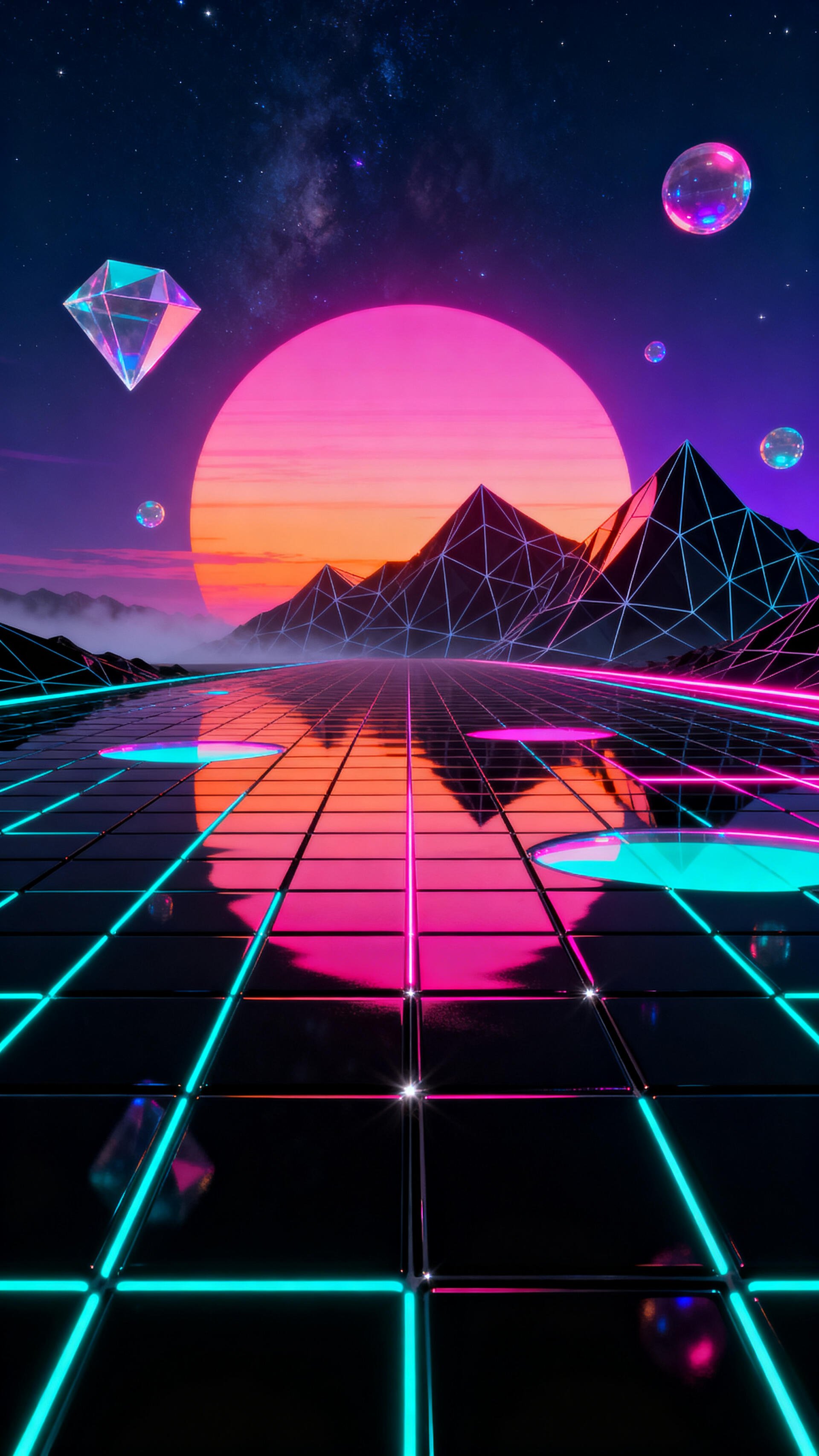 Synthwave phone wallpaper with a glowing neon grid reflecting a pink-orange sun, wireframe mountains, floating crystal gems and bubbles beneath a starry sky.