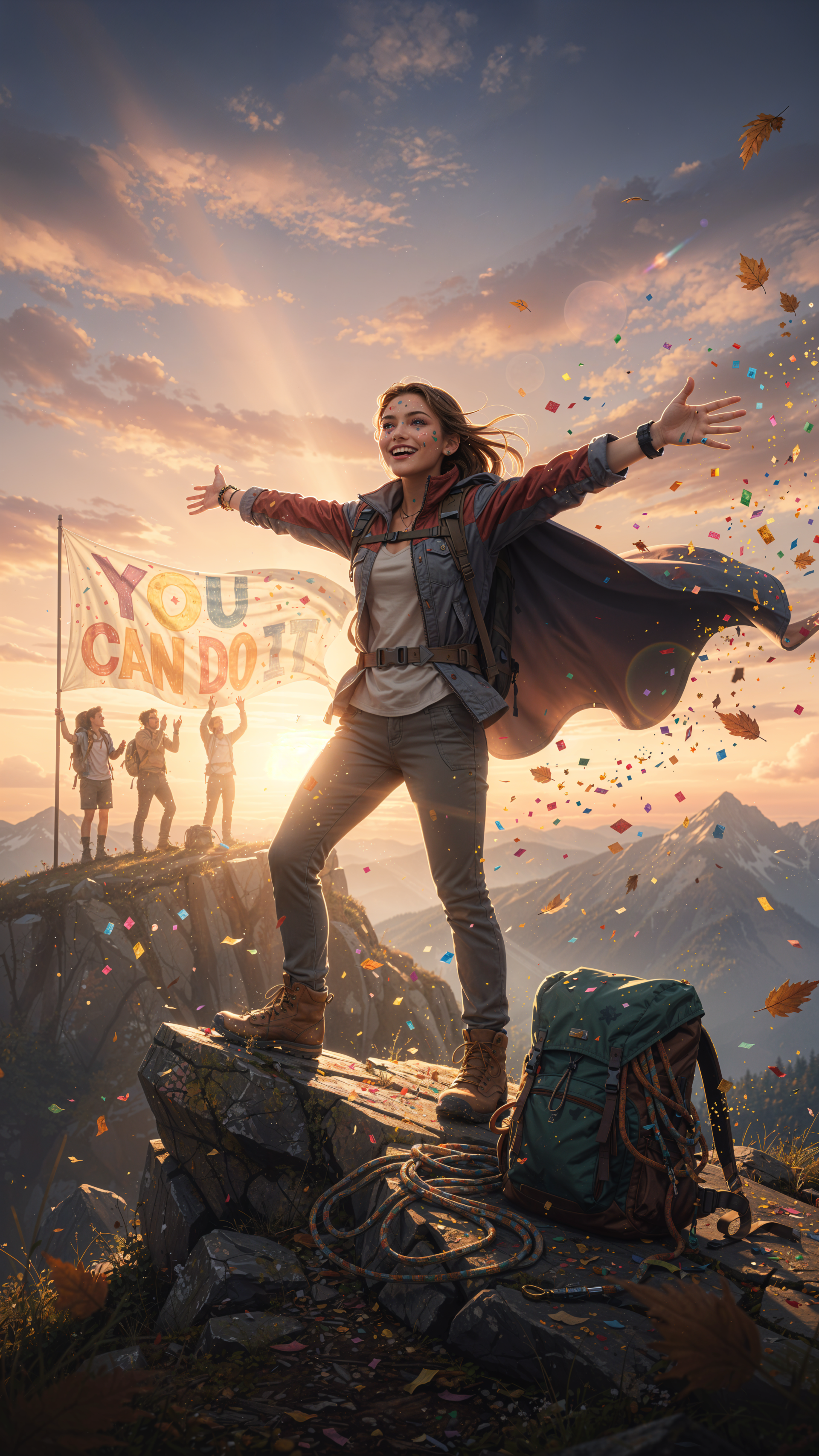 Phone wallpaper of a joyful hiker on a summit, arms outstretched with a billowing cape, confetti falling and teammates waving a banner that reads YOU CAN DO IT at sunrise.