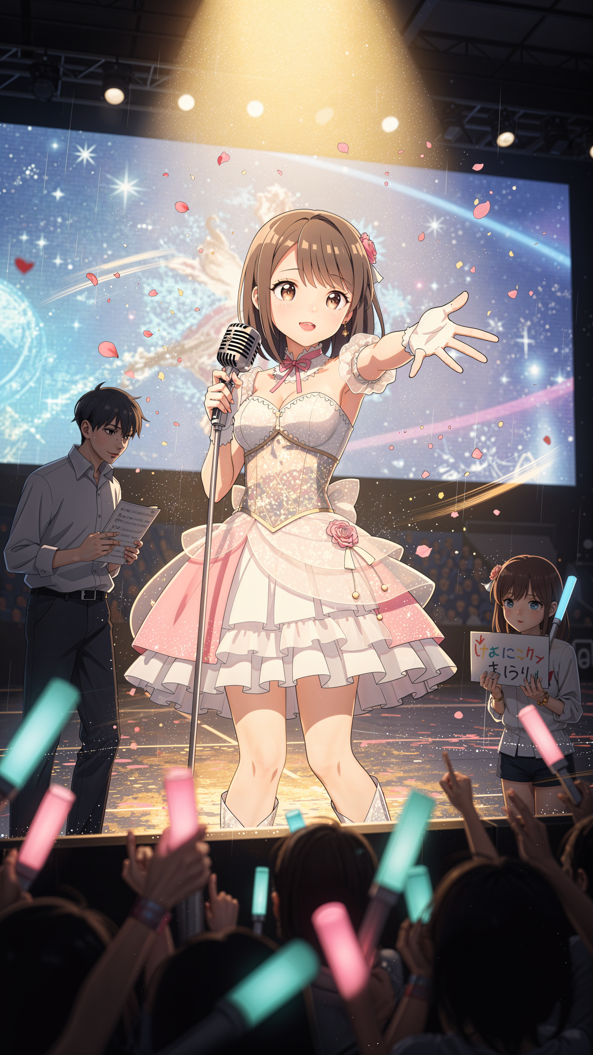Phone wallpaper of a smiling anime idol in a frilly pink-white dress singing on stage, reaching toward the audience with glowsticks and falling confetti under a warm spotlight.