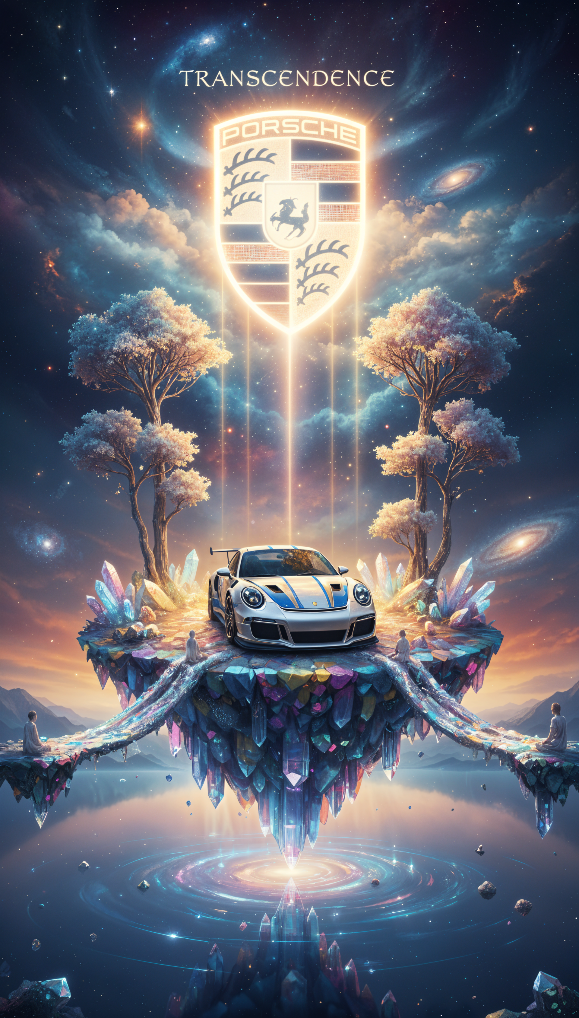 Phone wallpaper: Porsche sports car perched on a floating crystalline island under a glowing Porsche crest and 'TRANSCENDENCE' in a dreamy cosmic sky.