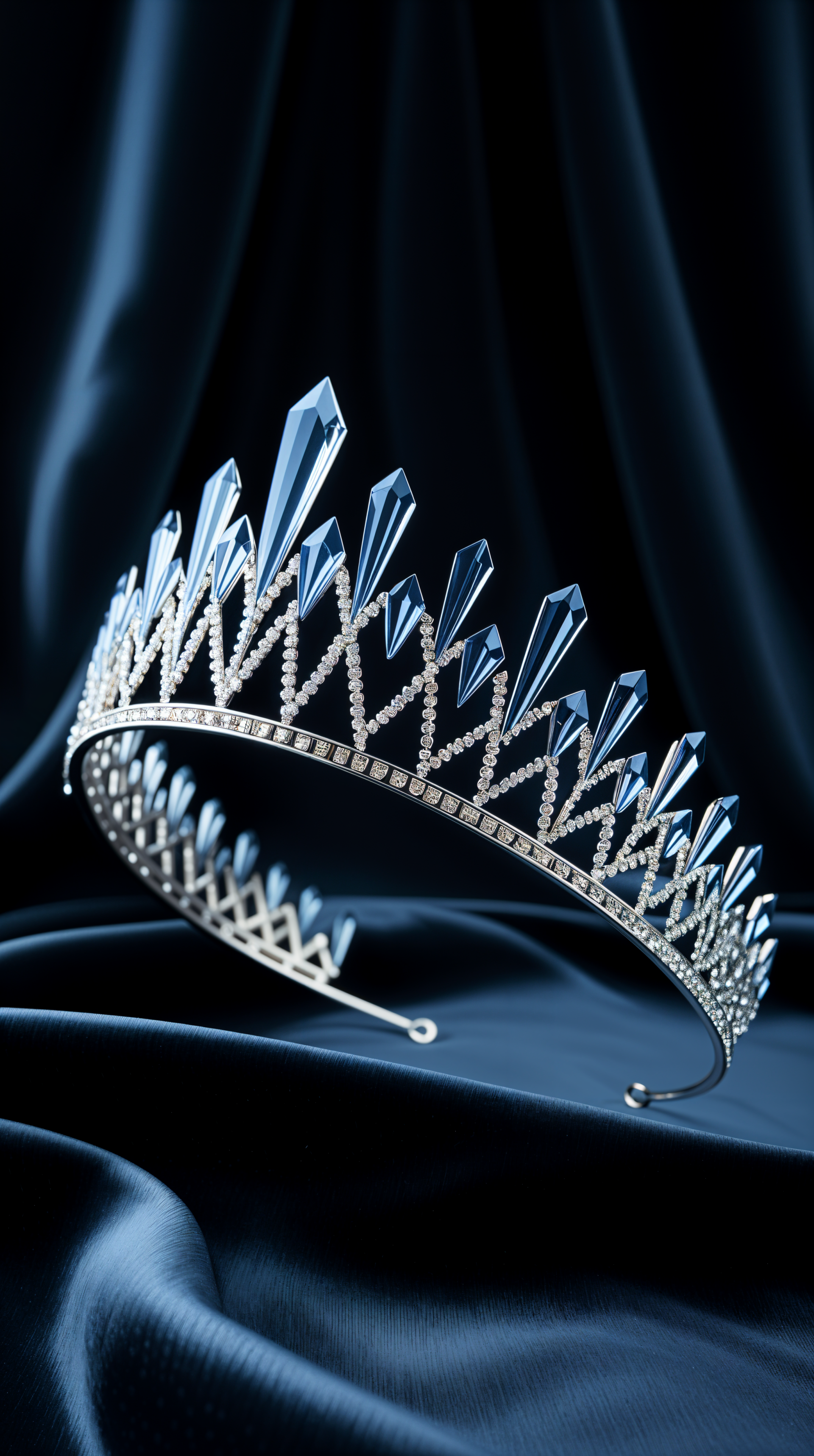 Shimmering crystal tiara with tall blue crystal peaks resting on deep navy silk, vertical phone wallpaper.
