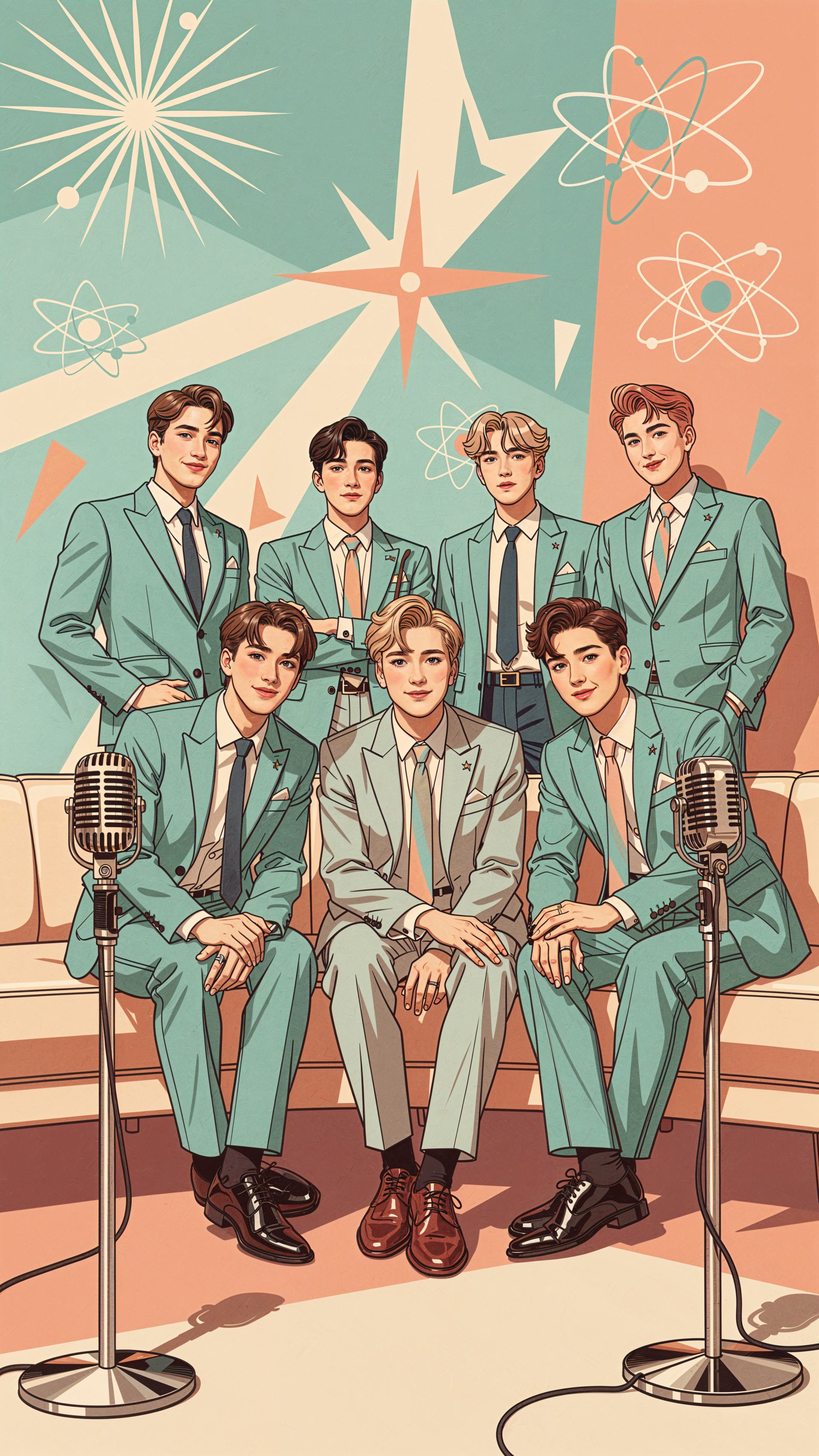 Phone wallpaper: illustrated seven men in matching teal suits on a couch with vintage microphones, retro starburst and atom motifs against a pastel background.