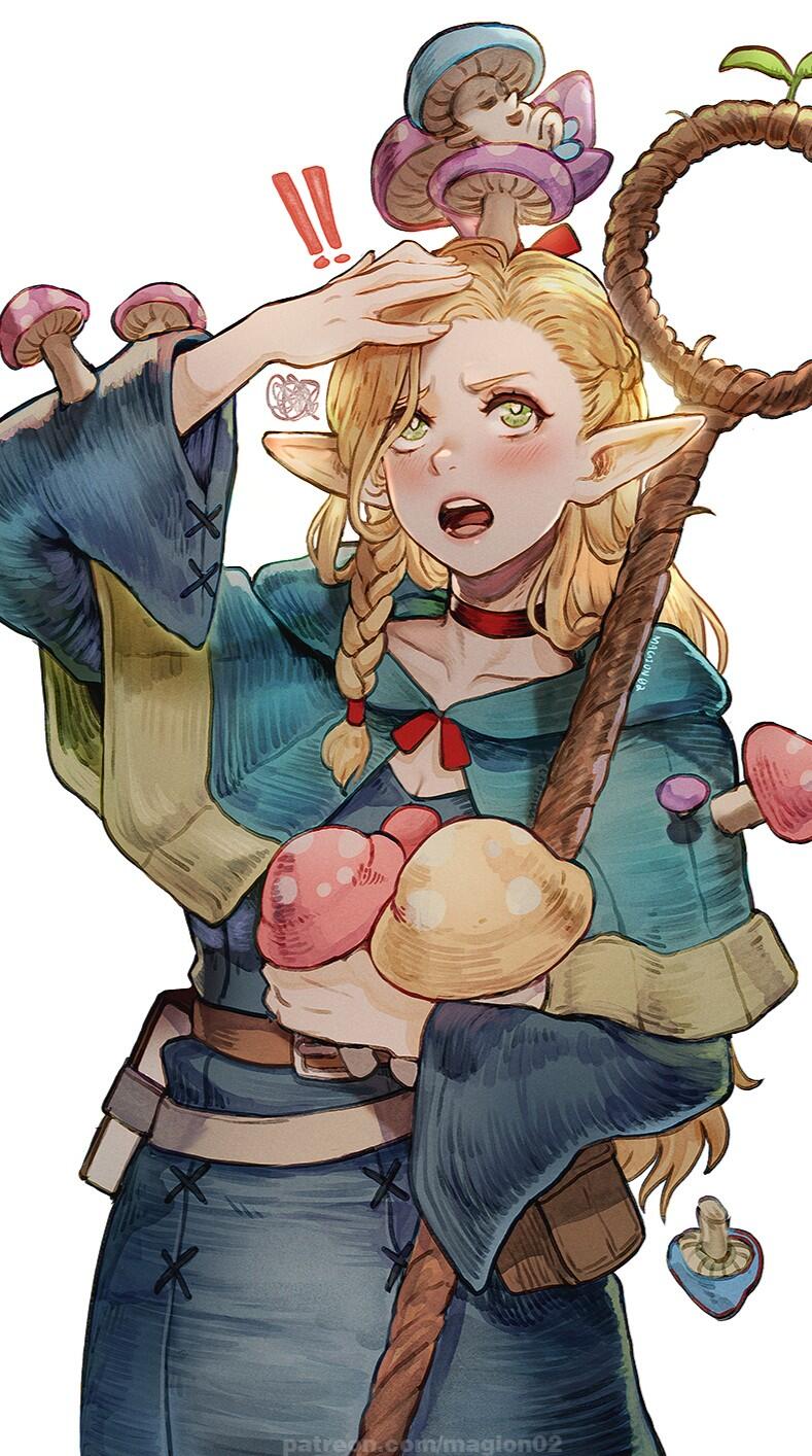 Phone wallpaper: white anime depiction of Marcille Donato (Delicious in Dungeon) — a surprised elf with braids clutching mushrooms and a staff.