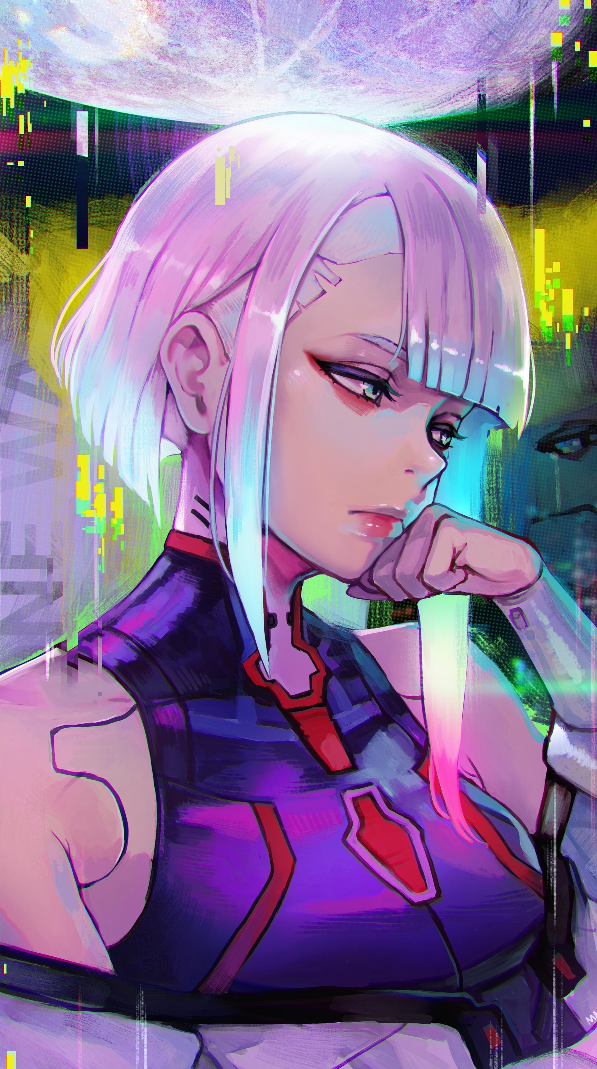 Phone wallpaper of Lucy from Cyberpunk: Edgerunners — anime girl with a white bob, neon cyberpunk palette, reflective expression and glitchy holographic city background.