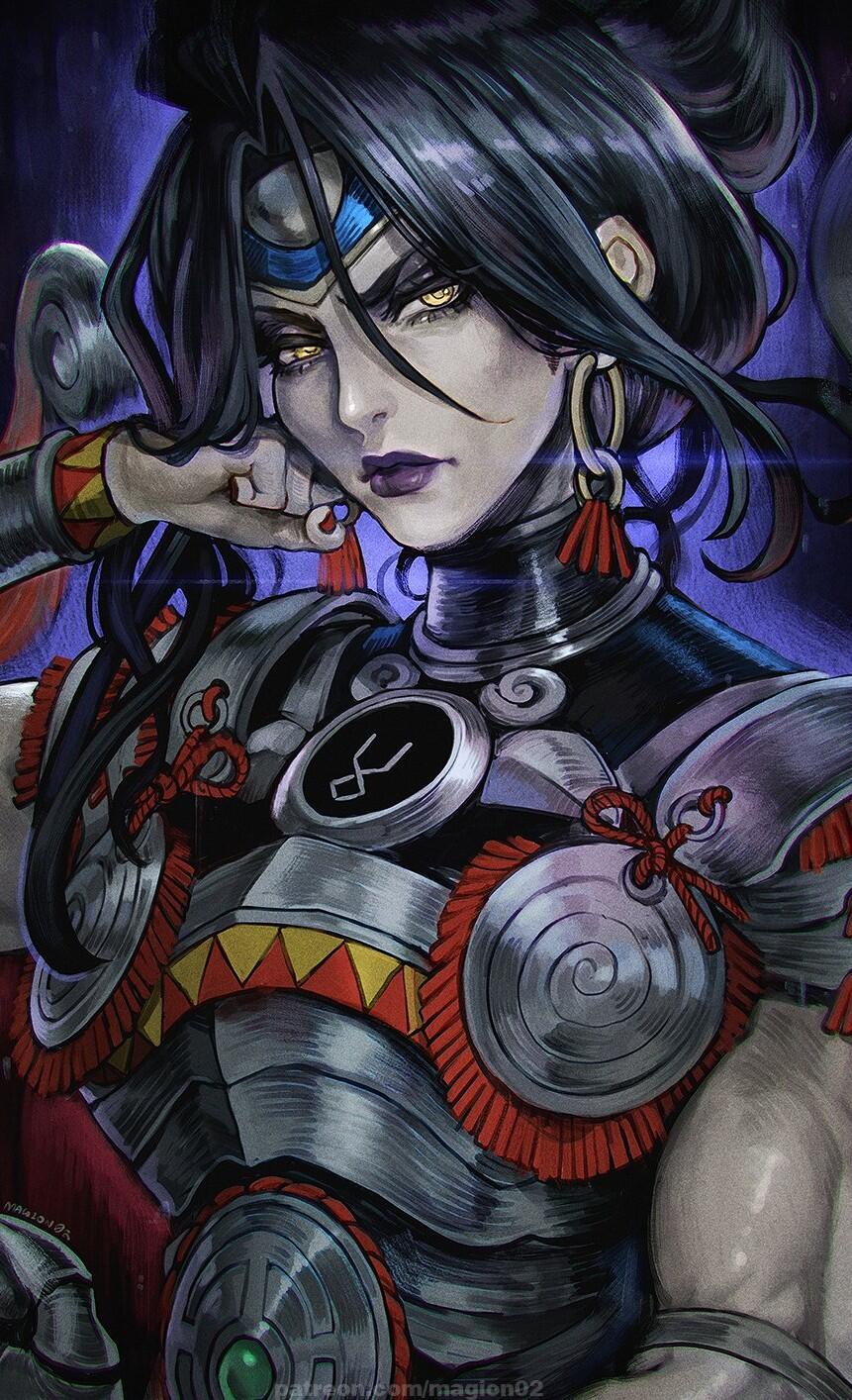 Phone wallpaper: Nemesis (Hades) from rogue-like Hades II — imposing villain in ornate armor, dark hair, gold eyes and red accents, cold, calculating expression.