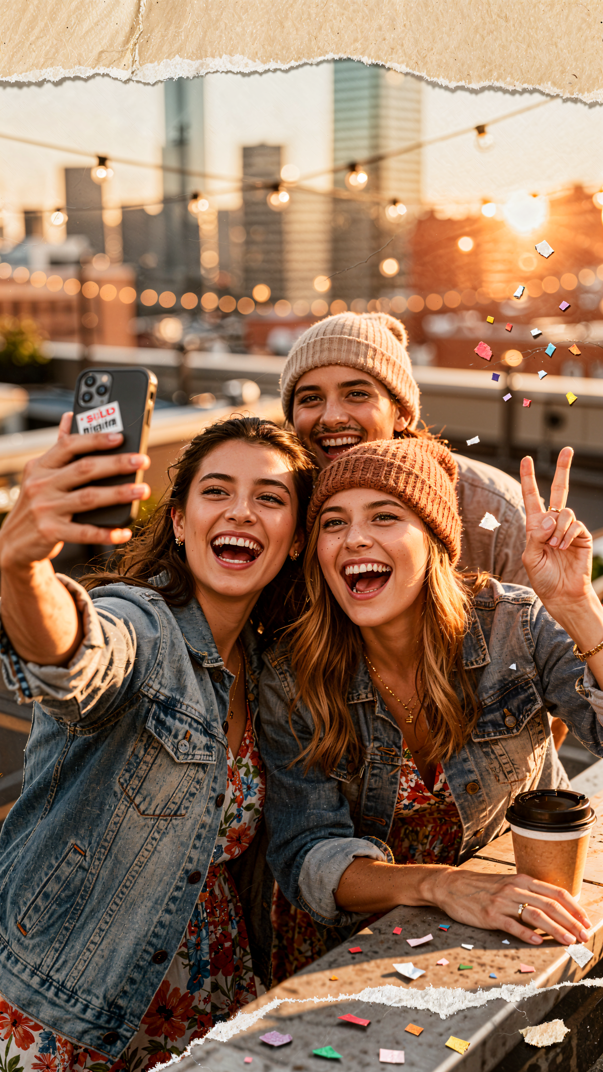Rooftop selfie of three smiling friends at sunset, string lights and city skyline blurred behind them, confetti and a coffee cup visible — vibrant phone wallpaper shot.